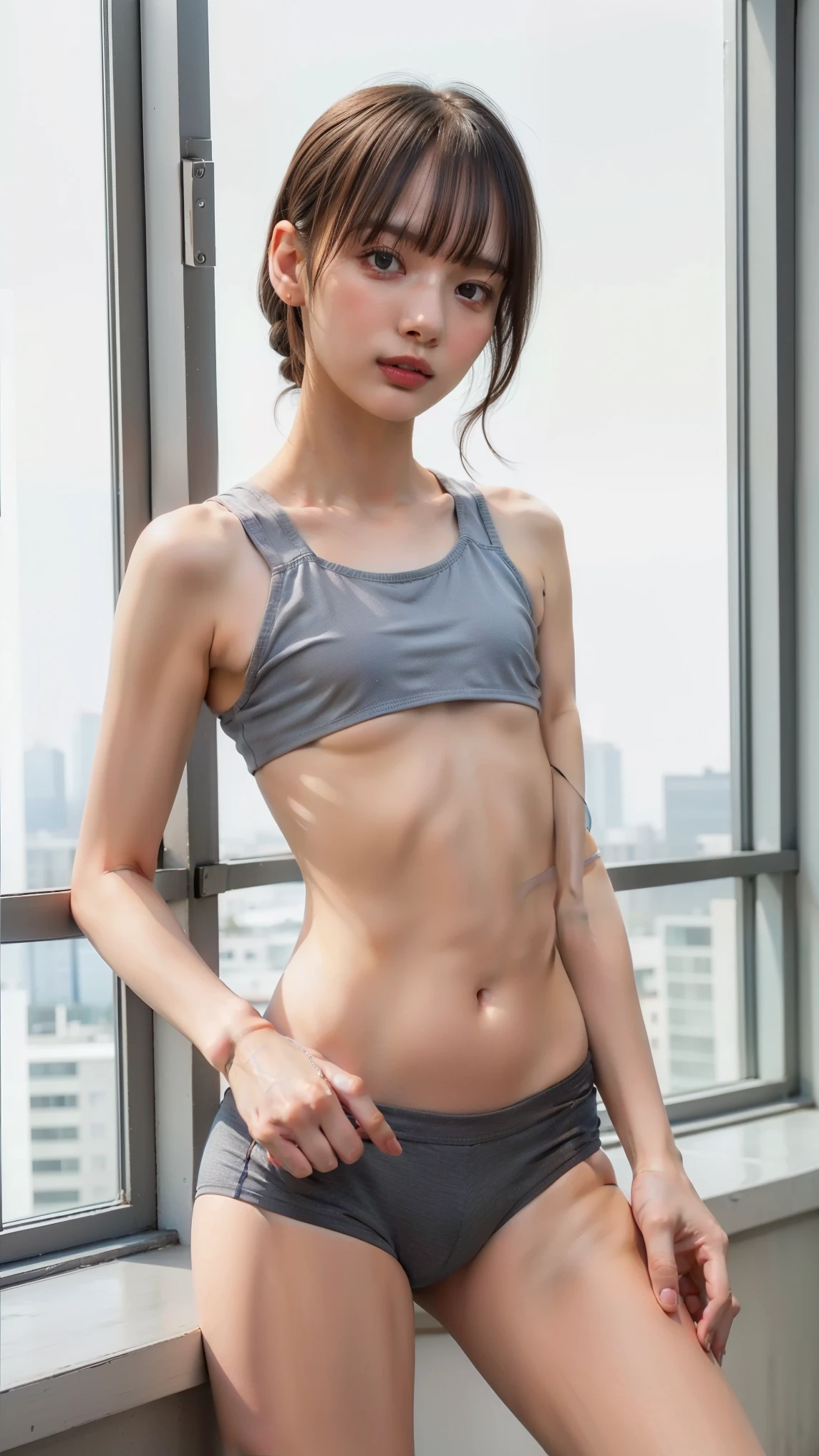 1 Japanese beautiful girl,28yo girl, Super beautiful detailed face, (smile:1.4), earrings, (brown seni-long straight hair style:1.4, bangs),(front view), (medium shot), (chubby body), (neutral-colored large areola),(completely nude:1.3),hairy pussy,nipples, Naked, BREAK, masterpiece, best quality, ultra quality, high quality, realistic, photo realistic, RAW photo, hyper detailed, intricate detaile,(sports gym:1.3),cinematic lighting,(picture above the knee), BREAK (sportswear:1.3),(Sportsbra:1.3),(sports shorts:1.3),(no bra),(shirtlift),(nipples),