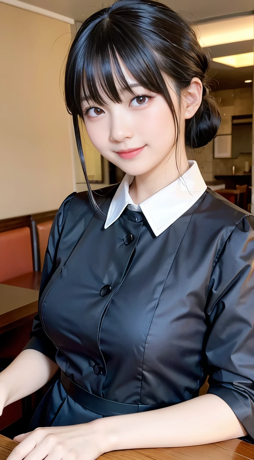 Highest quality、masterpiece、8k、Very detailed、Realistic、(One girl)、(Looking at me with a smile:1.5)、whole body、(Black Hair)、Small face、(Slender:1.2)、(Big Breasts:1.2)、(White business shirt with buttons and a collar:1.2)、(short tight skirt in gray,:1.2)、(Grey business jacket:1.2)