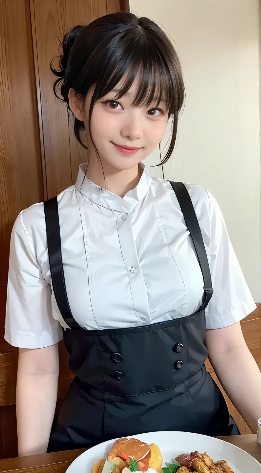 Highest quality、masterpiece、8k、Very detailed、Realistic、(One person:1.2)、Looking at me with a smile、whole body、Black Hair、Short Hair、Small face、Slender、(Very large breasts:1.2)、Thin and beautiful legs、narrow and constricted waist,、(Family Restaurant Uniforms:1.2)、A tight-fitting white shirt with buttons and a collar、A short, black, high-waisted skirt、(Nobody background)