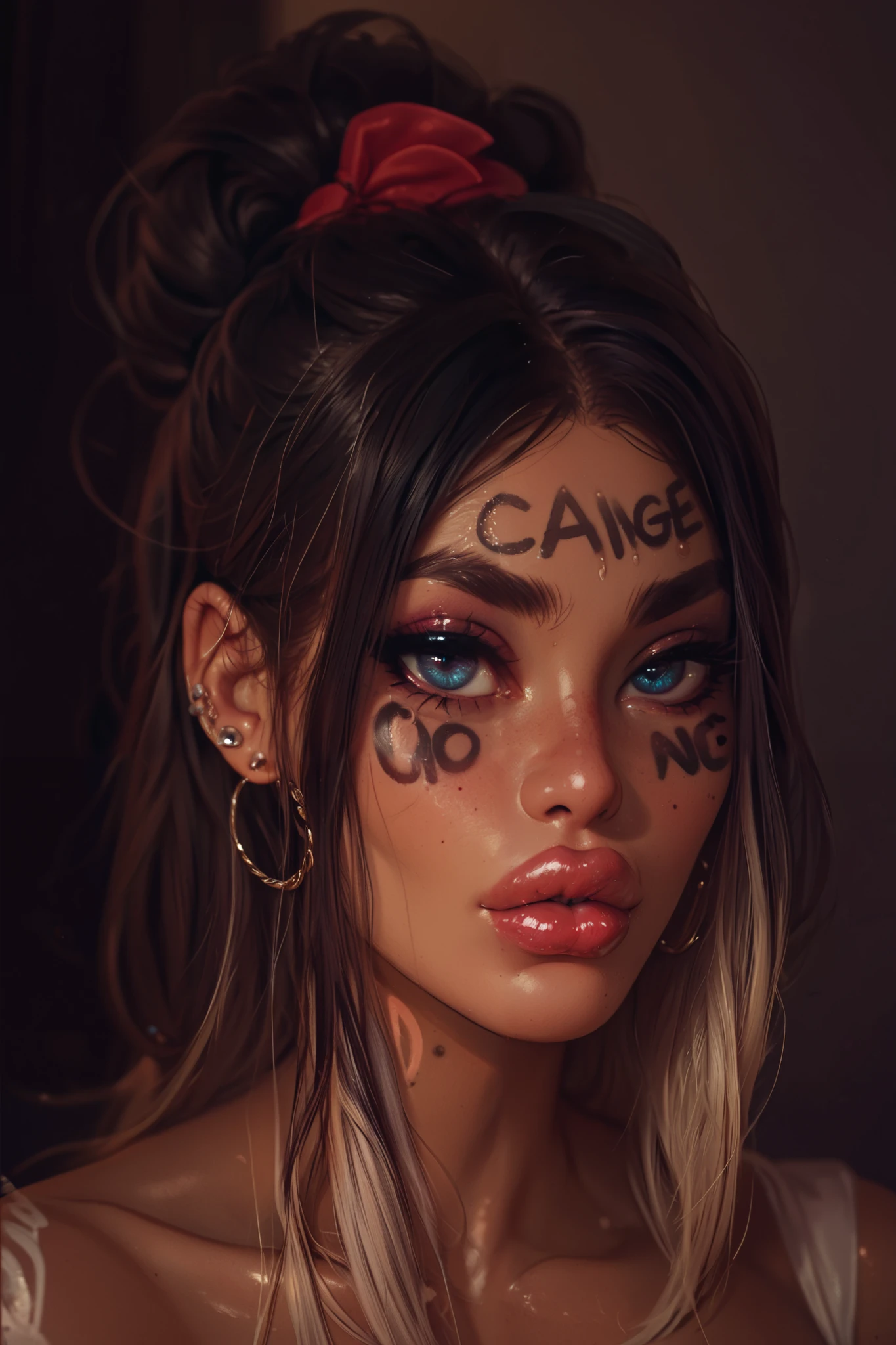 a girl with big lips and big eyes with face tattoos that say the words angel and demon under her eyes
