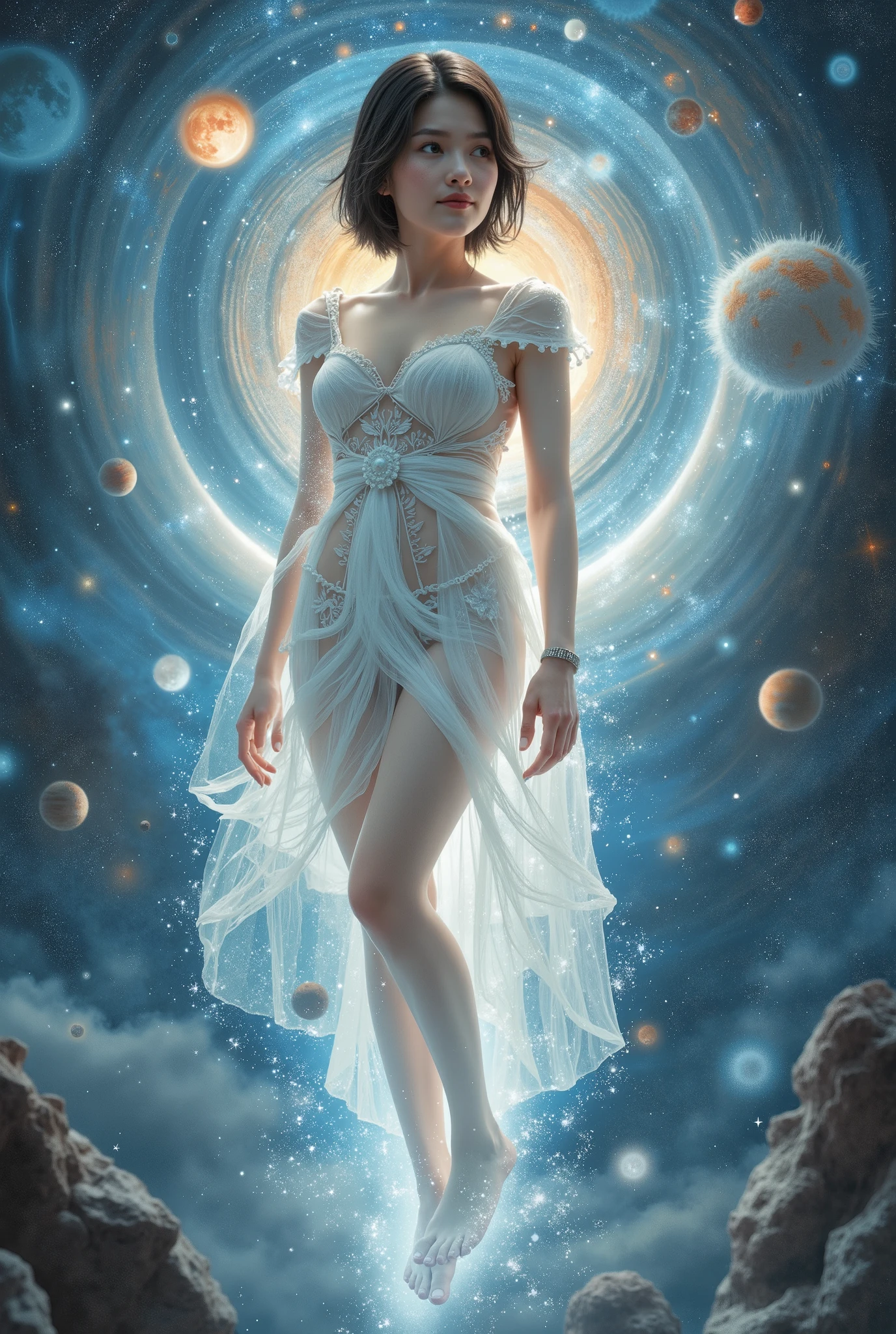 宇宙虚空中,Celestial Bodies, unclothed Asian woman in the cosmic void {x},Astral Body ,The planet surrounds women , women radiate dazzling light in the cosmic void, short hair,女人嵌入Astral Body , crystals surround
