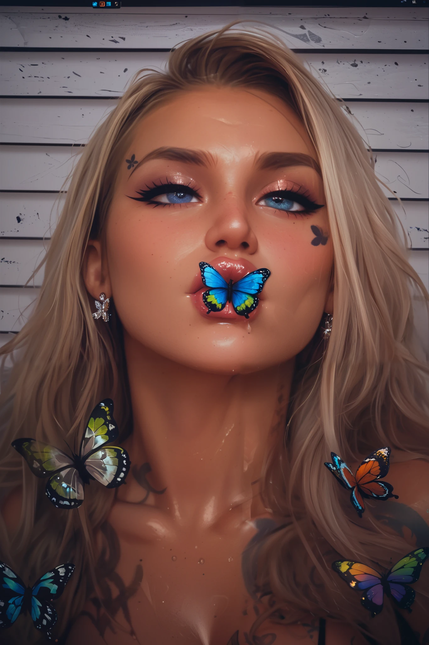 a girl with big eyes and big lips and butterfly on her lips and tattoos on her face An avant-garde 'Badstyle' portrait of a girl with exaggerated big lips and eyes, and face tattoos reading 'angel' and 'demon'. The style is deliberately chaotic and distorted, with mismatched colors, uneven lines, and a whimsical, rebellious flair. Her expression is a defiant mix of purity and sin, captured in a glitch art style. The background is a collage of random, disjointed elements, emphasizing the experimental and unconventional nature of the 'Badstyle' aesthetic
