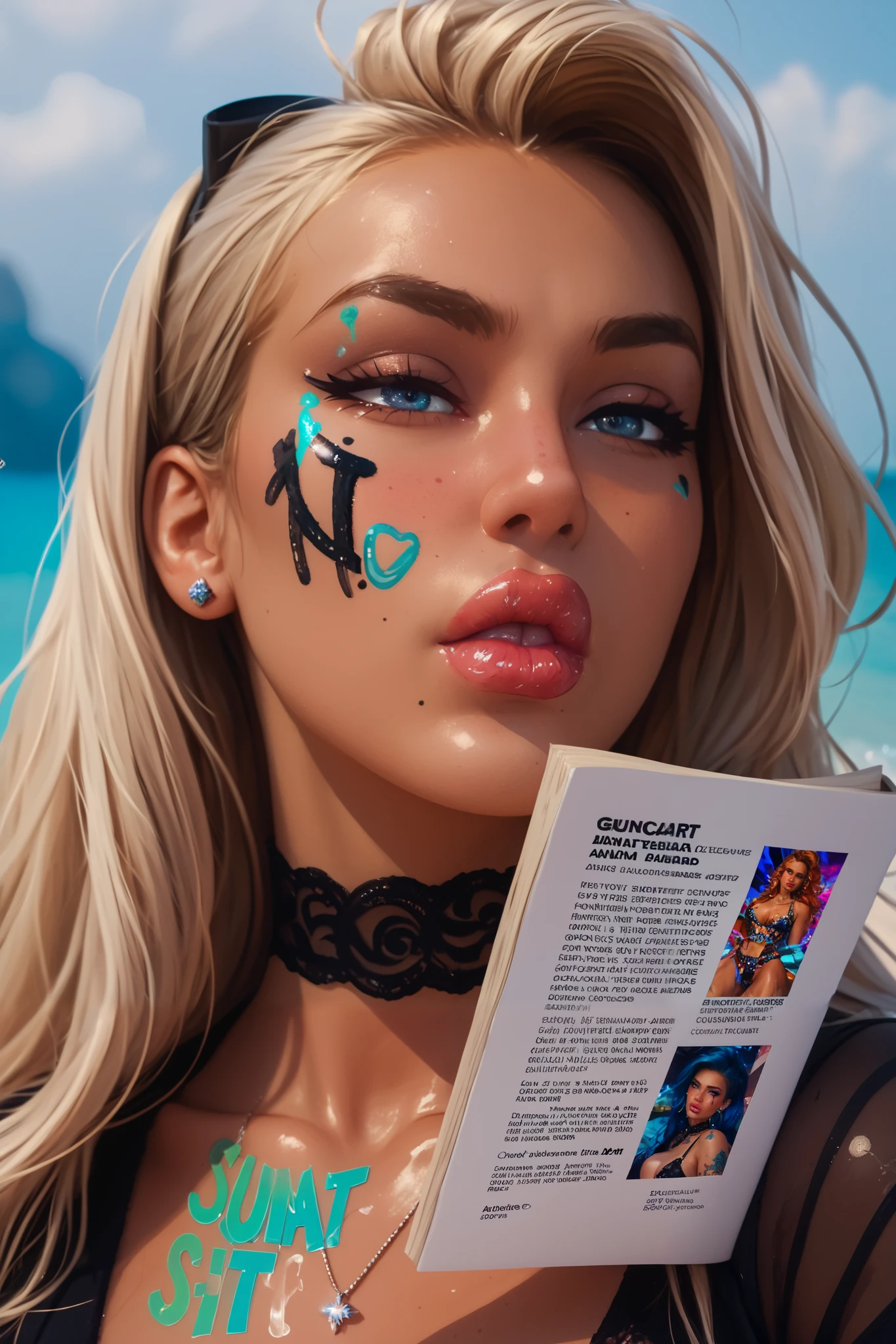 An avant-garde 'Badstyle' portrait of a girl with exaggerated big lips and eyes, and face tattoos reading 'angel' and 'demon'. The style is deliberately chaotic and distorted, with mismatched colors, uneven lines, and a whimsical, rebellious flair. Her expression is a defiant mix of purity and sin, captured in a glitch art style. The background is a collage of random, disjointed elements, emphasizing the experimental and unconventional nature of the 'Badstyle' aesthetic