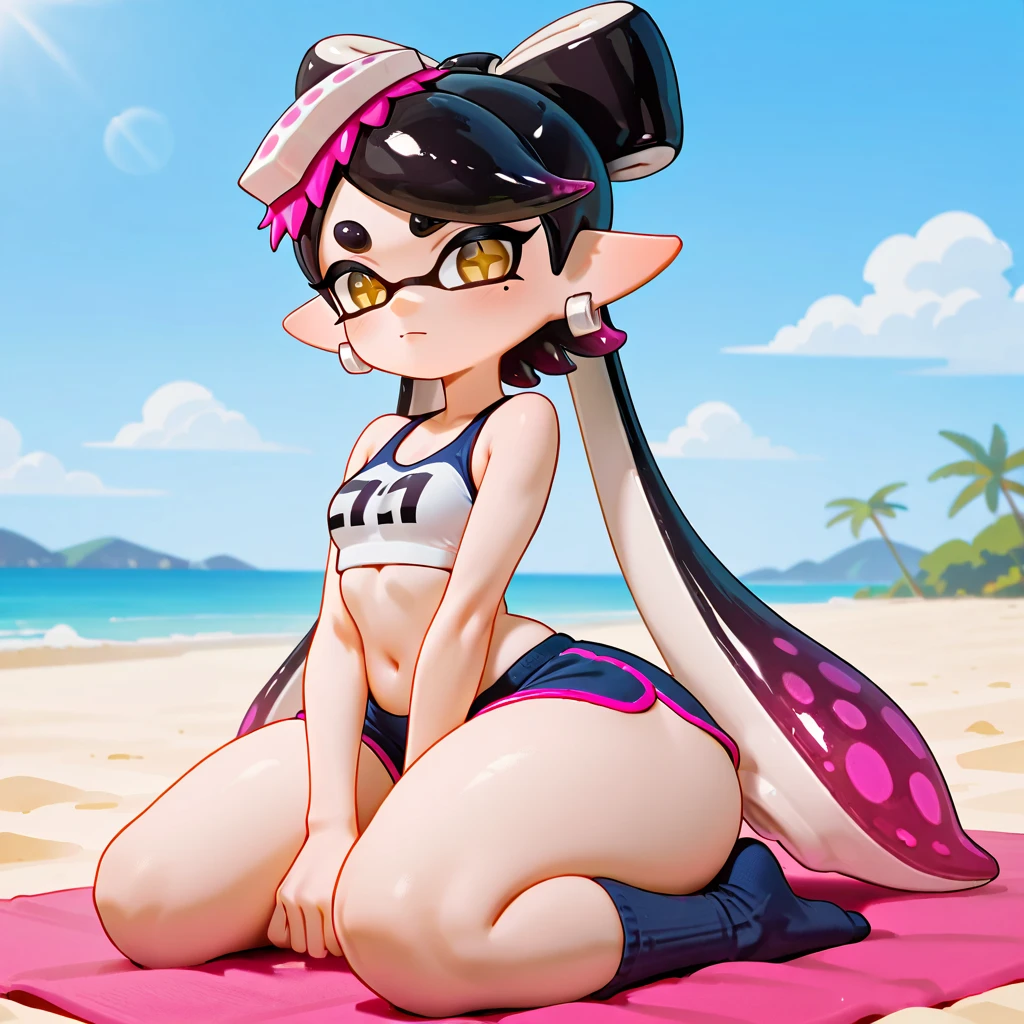 Callie from splatoon, callie  tendida en el suelo.,big booty,, sexy pink bikini, a lolilpop in her hand, in the beach, ella sonrie, boca cerrada