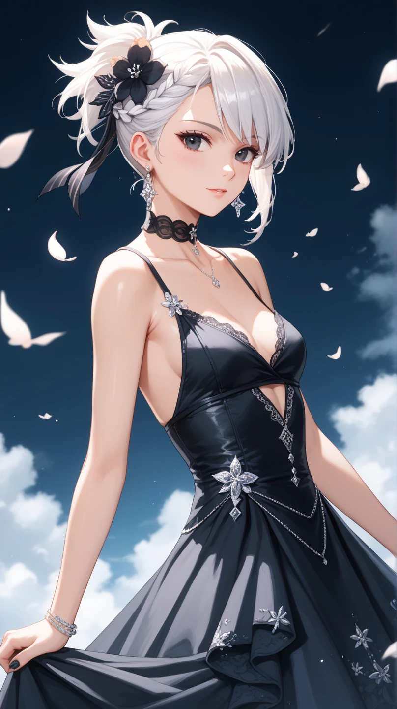 masterpiece, best quality,8K,realistic, High definition, photography, depth of field,HDR, highres, ,(photoshop \(medium\),:1.4) , 1girl,(multicolored hair,white hair:1.4), (short hair:1.2),hair ornament,blue eyes,bare shoulders,cleavage cutout,dress, short sleeves, black gloves, belt,shorts,thigh strap,