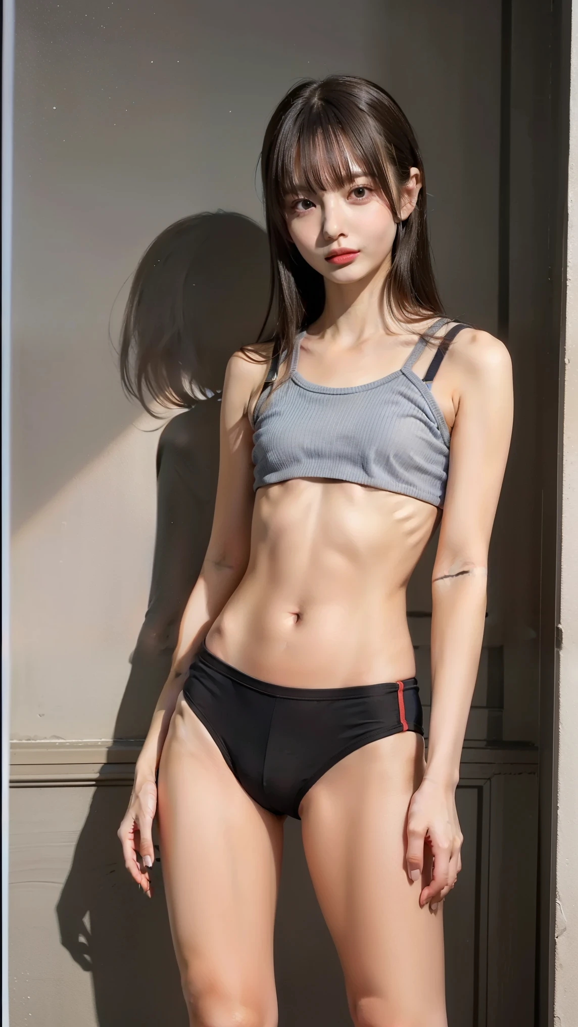 NSFW:1.0,(Photorealsitic:1.4)、(hyper realisitic:1.4)、(realisitic:1.3)、(Smooth lighting:1.05)、(Improved lighting quality in movies:0.9)、32K、1girl in、32years old、Realistic lighting、Back lighting、Facial light、raytrace、(brightened light:1.2)、(enhanced quality:1.4)、(Top quality real texture skins:1.4)、finely eye、finerly detailed face、Quality face、Fine quality eye、(sano, Delighted)、In the middle of the pedestrian crossing、Pretty woman looking back、full body Esbian、(facing back)、hip focus、Wear a see-through tank top、The color of the tank top is pale moss green、(Leaning forward、showing her breast)、A smile、Smile with open mouth、sexy facial expression、The height is 157 cm、A-cup body shape、flat breast、Pretty women:1.3、A-cup、very slender body:2.8、(Medium Hair、Super small breasts:1.8)、very flat chest:1.8、very slender body、Slender Abs、Loose light moss green string panties、The shape of the buttocks is visible、Small buttocks、Legs open、