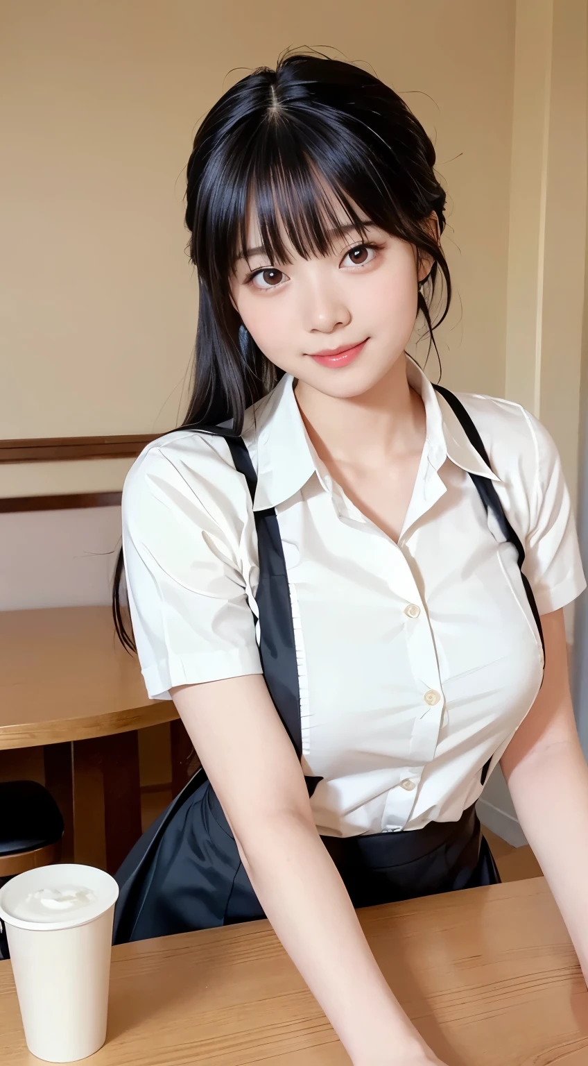 (highest quality,masterpiece:1.3,ultra high resolution,),(Super detailed,caustics),(Photoreal:1.4,RAW shooting,)ultra-realistic capture,very detailed,High resolution 16K human skin close-up。 natural skin texture、,The pores are、、、、Must be detailed enough to be easily identified。 Skin should look even-toned and healthy。 Use natural light and color,restaurant,waitress uniform,1 girl,Japanese,18-year-old,cute,black haired,ponytail,big breasts,smile,turn your body forward,(Front view:1.1),look at the camera,cowboy shot,