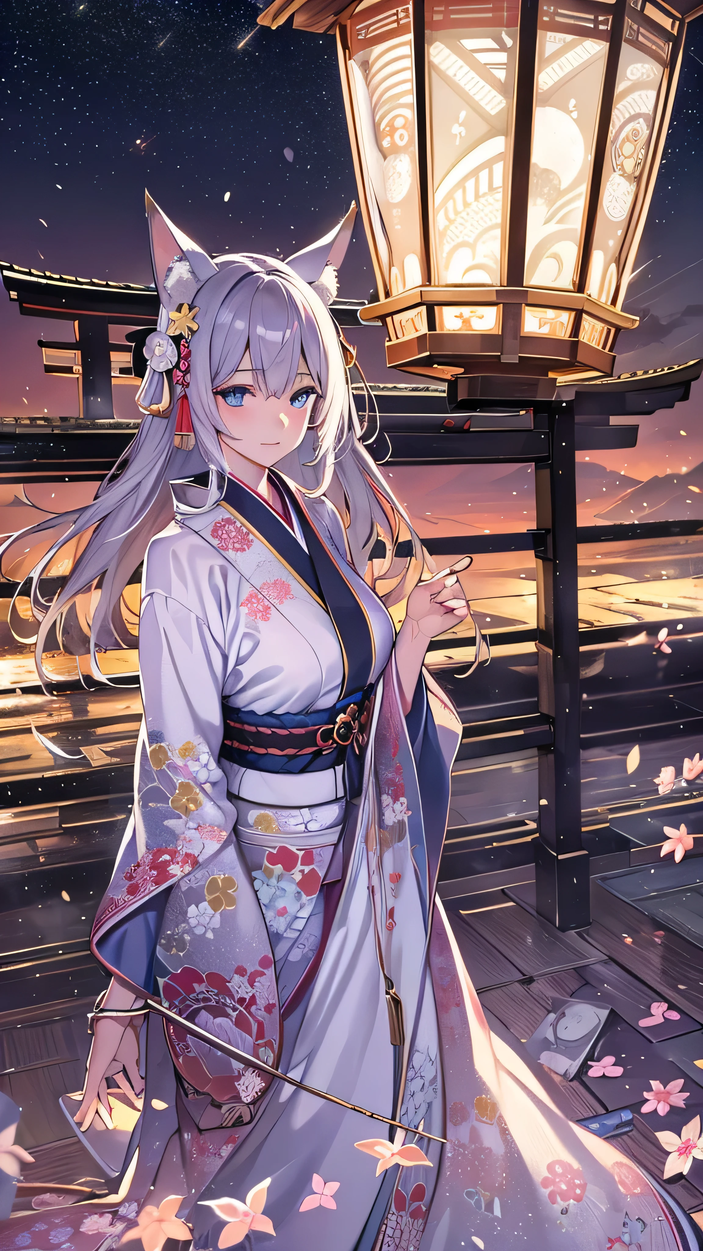 Anime girl in kimono outfit standing in front of a lantern - SeaArt AI