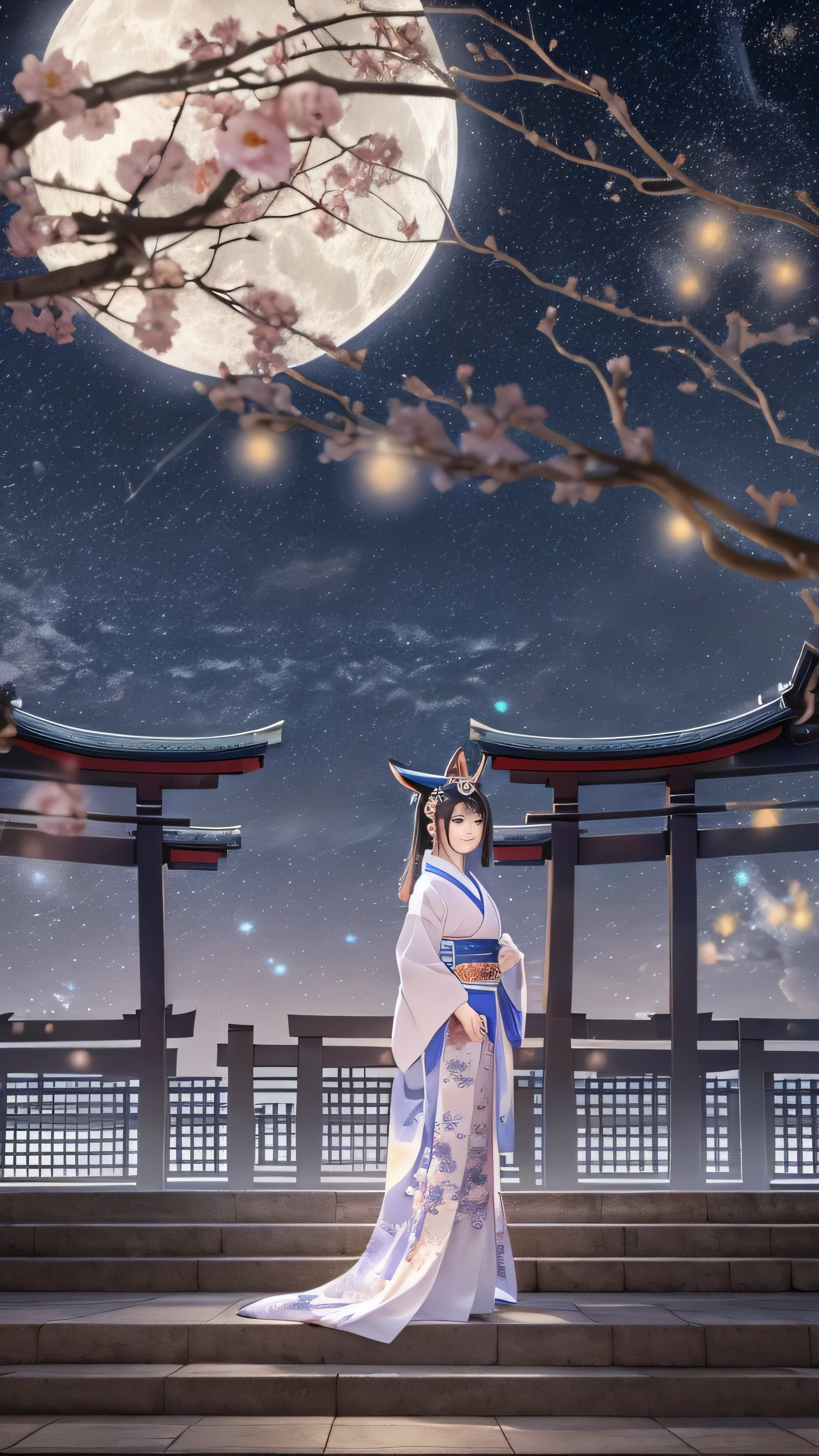    Night Sky with a View of the Milky Way Galaxy  ，  one woman,   mature woman,  straight hair,   beautiful shiny hair  ,   blue eyes, bangs,   Long Sleeve, Detailed eyes and face , Eye Enhancement,  Never resting , Rich lighting,   High Definition Unified CG 8K Wallpaper ,    intricate details ,   portrait  ,  stares,  alone,   half shot  ,   Delicate Face ,   soft smile  ,   Dynamic Poses,   classical period  , ( Ancient Japan theme : 1.1),  Japanese Mythology,   fox ears,   Japanese, ruler,  blue kimono  Japanese ,   floral kimono,   ancient theme  , (Thriving Civilization: 1.1), Moon in the background, ( pure white : 1.1) shrine,   torii gate  ,   Japanese Scenery,  Ancient city in the background ,   A fox mask on the head,  wonderful,   dreamy  , Dancing Light ,   lantern, strict,    night  ,   Darkness, star,   portrait  ,  Cinematic lighting