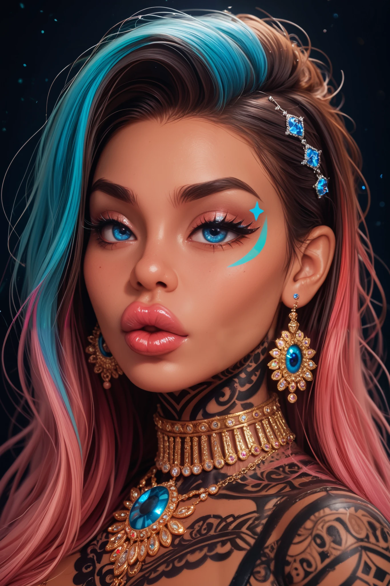 An artistic depiction of a girl with big lips and big eyes, bigger eyes, bigger lips, plump lips, long eyelashes, wearing expensive jewelery.  The style is a blend of surrealism and pop art, with DARK colors and VERY exaggerated features. Her expression is a mix of vengeful and excitement.  set against a dynamic abstract background. The artwork is inspired by artists like todd white, rendered in high detail with bold outlines and vivid contrasts. the subject has  blue eyes, with  dyed hair. 