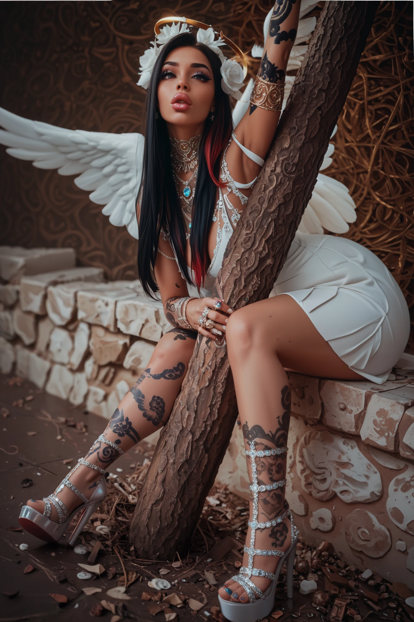 An artistic depiction of a girl with big lips and big eyes, bigger eyes, bigger lips, plump lips, long eyelashes, wearing expensive jewelery. with angel wings, and a halo. The style is a blend of surrealism and pop art, with DARK colors and VERY exaggerated features. Her expression is a mix of confusion and excitement. set against a dynamic abstract background. The artwork is inspired by artists like todd white, rendered in high detail with bold outlines and vivid contrasts. the subject has auburn eyes, with white dyed hair.
