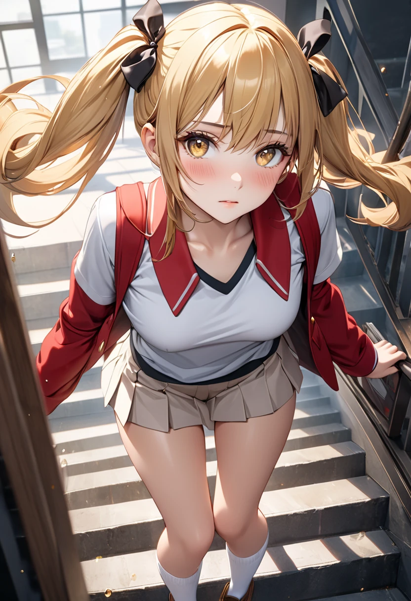 masterpiece, best quality, very aesthetic, absurdres, BREAK <lora:AzusaNorihee_IllXL:1>
1girl, solo, from above, looking at viewer, Game Room, scenery, fate testarossa, bag, black jacket, blush, ???????, bright pupils, brown footwear, cloud, collared shirt, day, expressionless, eyelashes, fence, foreshortening, grey skirt, hood, hooded jacket, jacket, light blush, kneehighs, leaning forward, leaf, light frown, long dress, long sleeves, outdoors, pleated skirt, school uniform, shirt, shirt tucked in, skirt, small ???????, socks, swept bangs, torn clothes, torn legwear, twintails, white footwear