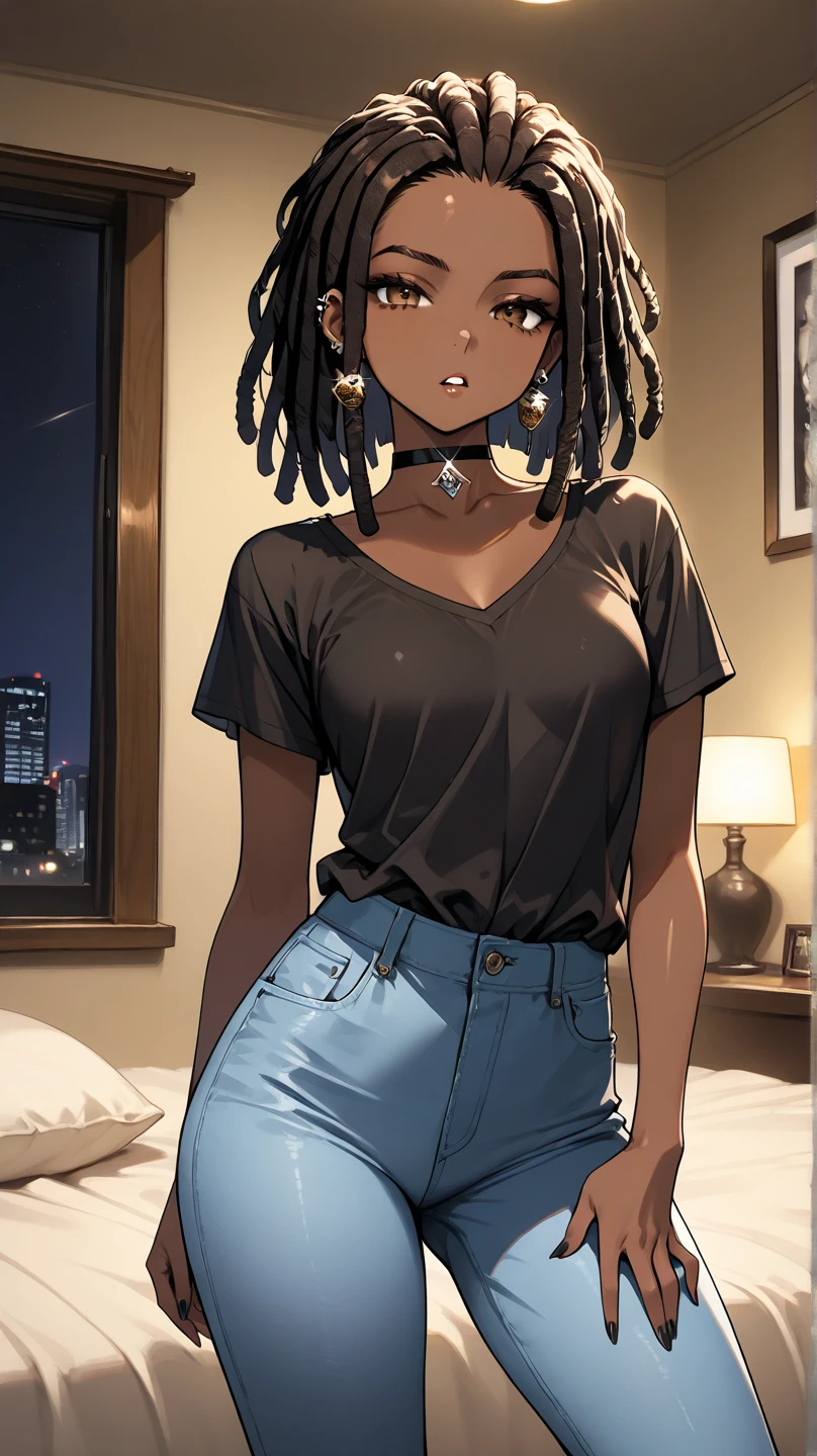 1Girl, Mature, Ebony, African American, Dark Brown Skin, Jet Black Thin Dreadlocks, Medium Straight Dreadlocks In Bob, Shiny Hair, Bright Brown Eyes, Black Nails, Dark Brown Eye Shadow, Medium , Yellow High-Cut Shirt, Tight Light Blue Jeans, Black Piercings, Black Choker, Looking At Viewer, Bored, Teeth, Parted Lips, Glint, Sassy Pose, Solo, Wide View, Bedroom Background, Night Time, High Resolution, Masterpiece, HD, High Details, Super Detailed,