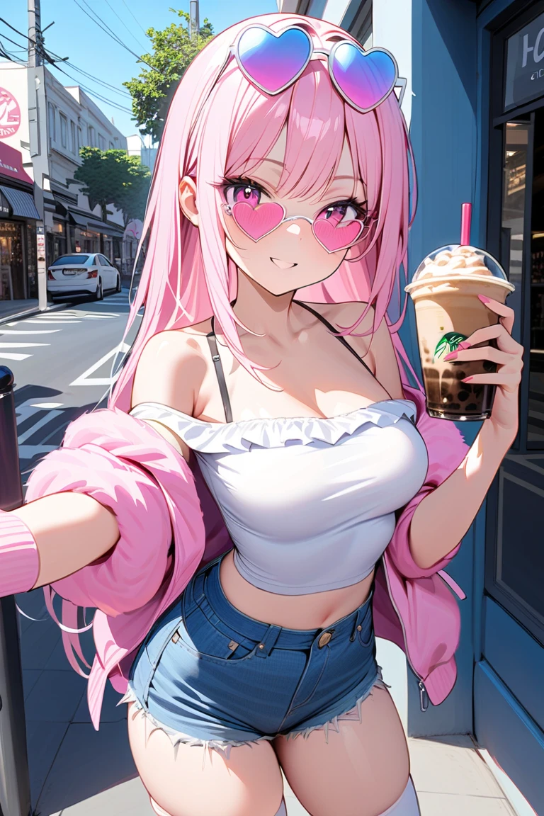 2heads, tall skinny woman with 2 heads. In a university. Short messy pink hair. Wearing a beanie. Wearing a cozy university hoodie, cleavage. Wearing ripped jeans. Carrying a coffee. Many piercings and tattoos. Eyeliner, baggy eyes. Mature, tall. Smirking, happy.