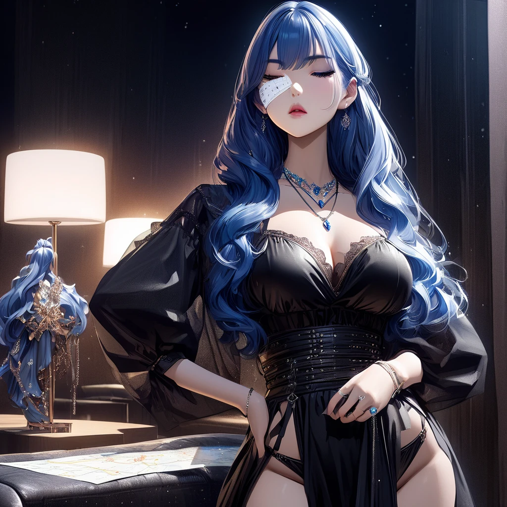 1girl, bangs, bare shoulders, black dress, black nails, blue hair, chain, chair, cleavage, clothing cutout, collarbone, dress, earrings, feet out of frame, hamel, jewelry, long hair, looking at viewer, huge breasts, nail polish, navel, navel cutout, own hands together, parted lips, pink eyes, purple eyes, sitting, solo, very long hair