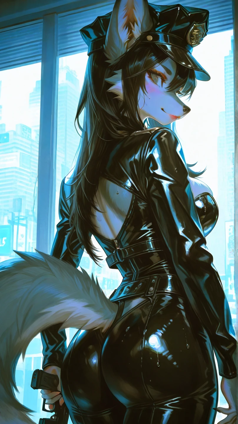 NSFW、One Girl、(20-year-old woman)、Cat ears headband、Shiny tail、Black enamel high leg suit、Ultra-thin suit、Skin is transparent、squat、Cat Pose、Black cat、City、Back alley at night、Green Eyes、Beautiful eyes、Laugh with fangs out、Faces aiming for prey、Looking from above