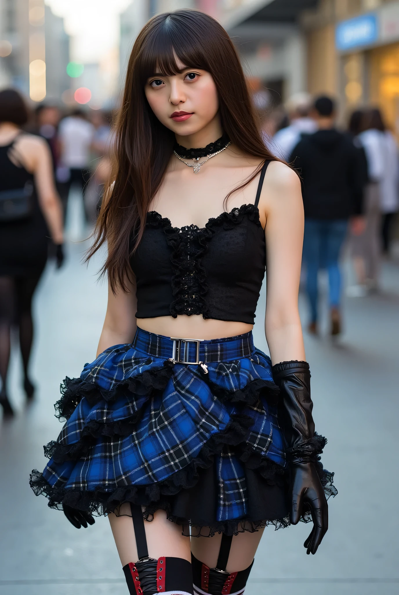 (Bangs), ((Long brown hair)), ((Black crop top and black camisole fusion) with frills: 1.4), ((Sleeveless, off the shoulders): 1.3), (Navel, collarbone: 1.3), ((Black opera gloves, black long gloves): 1.3), (Blue tartan check (frilled mini skirt, layered skirt: 1.4) with frills: 1.3), (Black and white (striped over-the-knee socks): 1.3), (Red lace-up boots: 1.2), (Choker, bangle, silver accessories: 1.2), Shibuya,