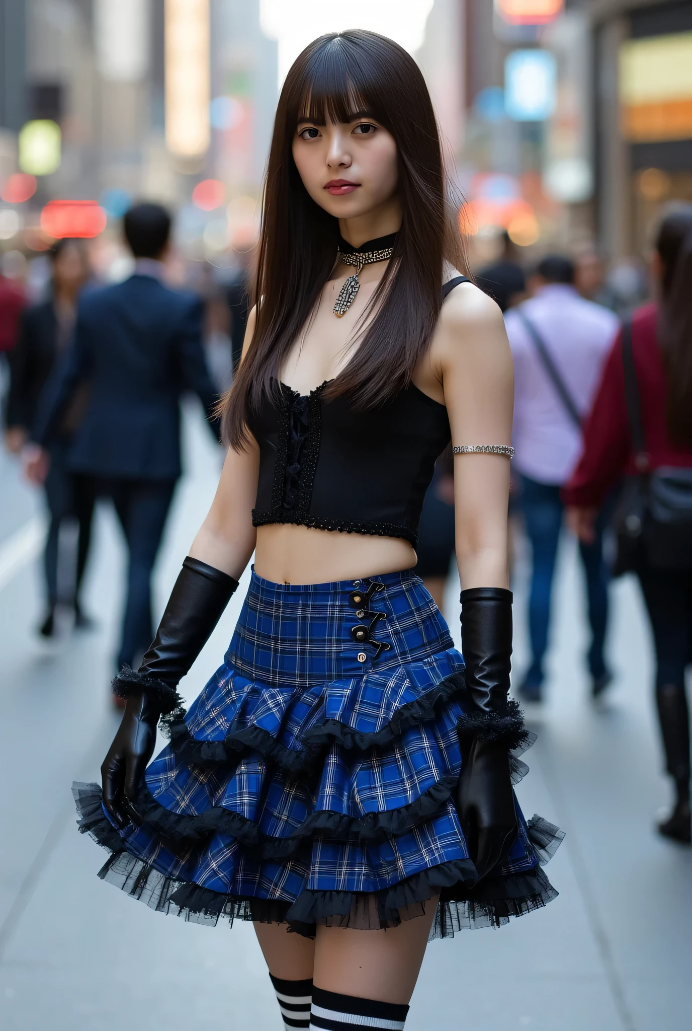 (Bangs), ((Long brown hair)), ((Black crop top and black camisole fusion) with frills: 1.4), ((Sleeveless, off the shoulders): 1.3), (Navel, collarbone: 1.3), ((Black opera gloves, black long gloves): 1.3), (Blue tartan check (frilled mini skirt, layered skirt: 1.4) with frills: 1.3), (Black and white (striped over-the-knee socks): 1.3), (Red lace-up boots: 1.2), (Choker, bangle, silver accessories: 1.2), Shibuya,