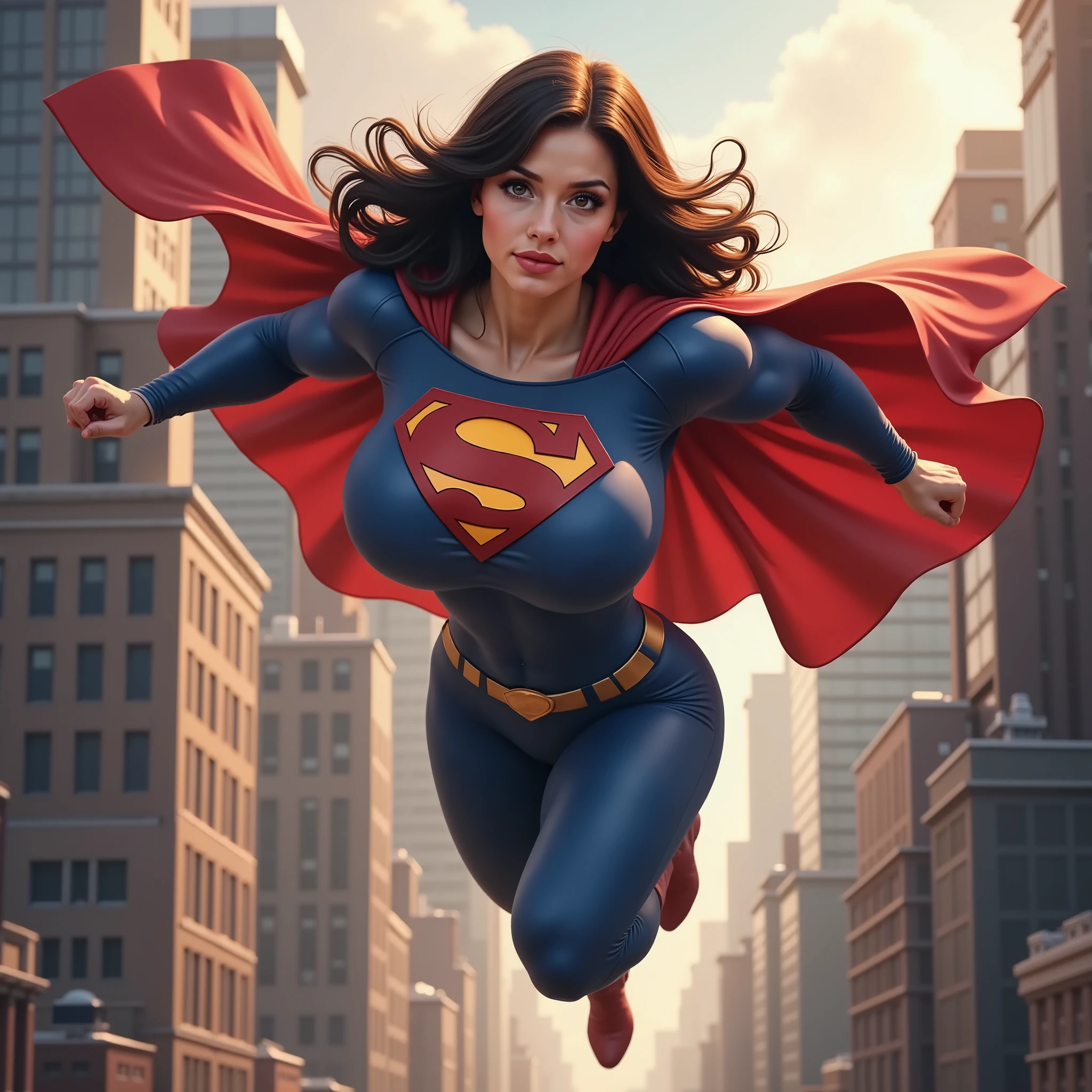 A dynamic digital illustration of Lois Lane as Superwoman, wearing a modernized feminine version of Superman's iconic costume featuring a sleek blue bodysuit with red cape, boots, and the distinctive 'S' symbol. She's captured mid-flight against a dramatic cityscape backdrop, her dark hair flowing in the wind, exhibiting confidence and strength. The art style should be photorealistic with comic book influences, incorporating dramatic lighting and motion blur effects to emphasize her superhuman speed and power. The composition should showcase her heroic pose while maintaining a tasteful and empowering representation.