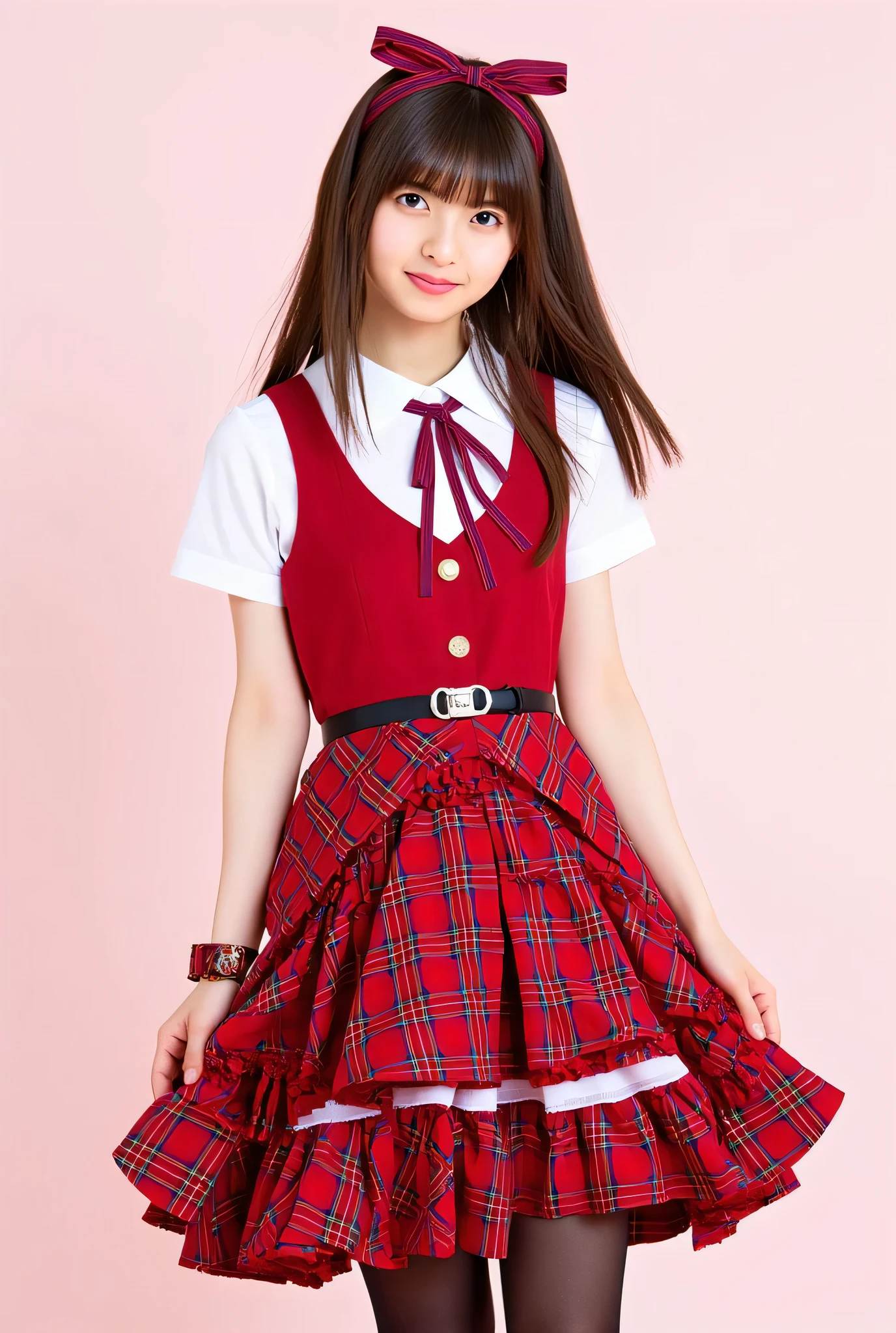 (Bangs), ((Long brown hair)), (Shy smile),BREAK (Enchant:1.4), (red theme:1.5), ((red plaid pattern, tone on tone):1.4), (idol uniform:1.2), (fusion of sleeveless (red plaid pattern) vest and red sundress:1.4), (red tie:1.4), ((red plaid pattern) multi-layered skirt with ruffles:1.3), ((red:1.3) platform HIGH boots:1.1), (red plaid pattern ribbon on head:1.3), BREAK (short sleeve white collared-shirt dress layering:1.2), (black pantyhose:1.2), (belt:1.3), (wristband:1.3),