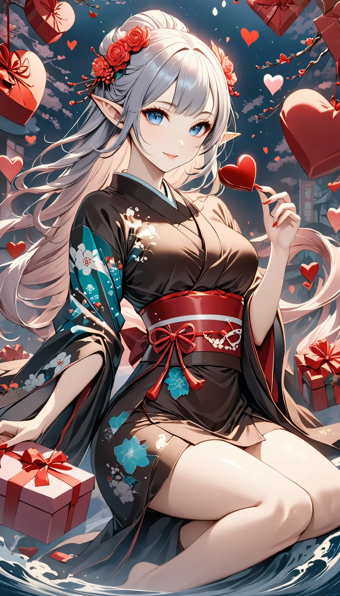Supernatural, ukiyo-e, (japanese (elf)), present chocolate for you, (beautiful elf), happy valentine's day, cryptic fantasy atmosphere, \five fingers\, fantasy effect, present from beautiful (elf), top quality, Masterpiece, high grade color,