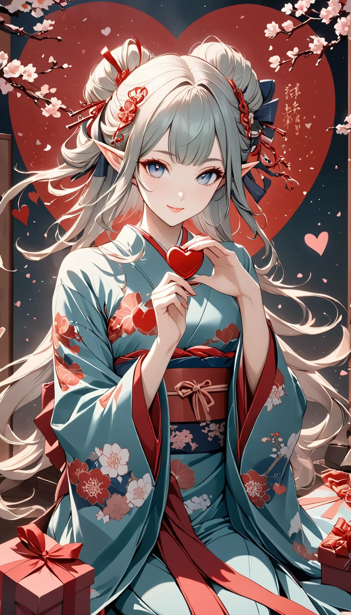 Supernatural, ukiyo-e, (japanese (elf)), present chocolate for you, (beautiful elf), happy valentine's day, cryptic fantasy atmosphere, \five fingers\, fantasy effect, present from beautiful (elf), top quality, Masterpiece, high grade color,