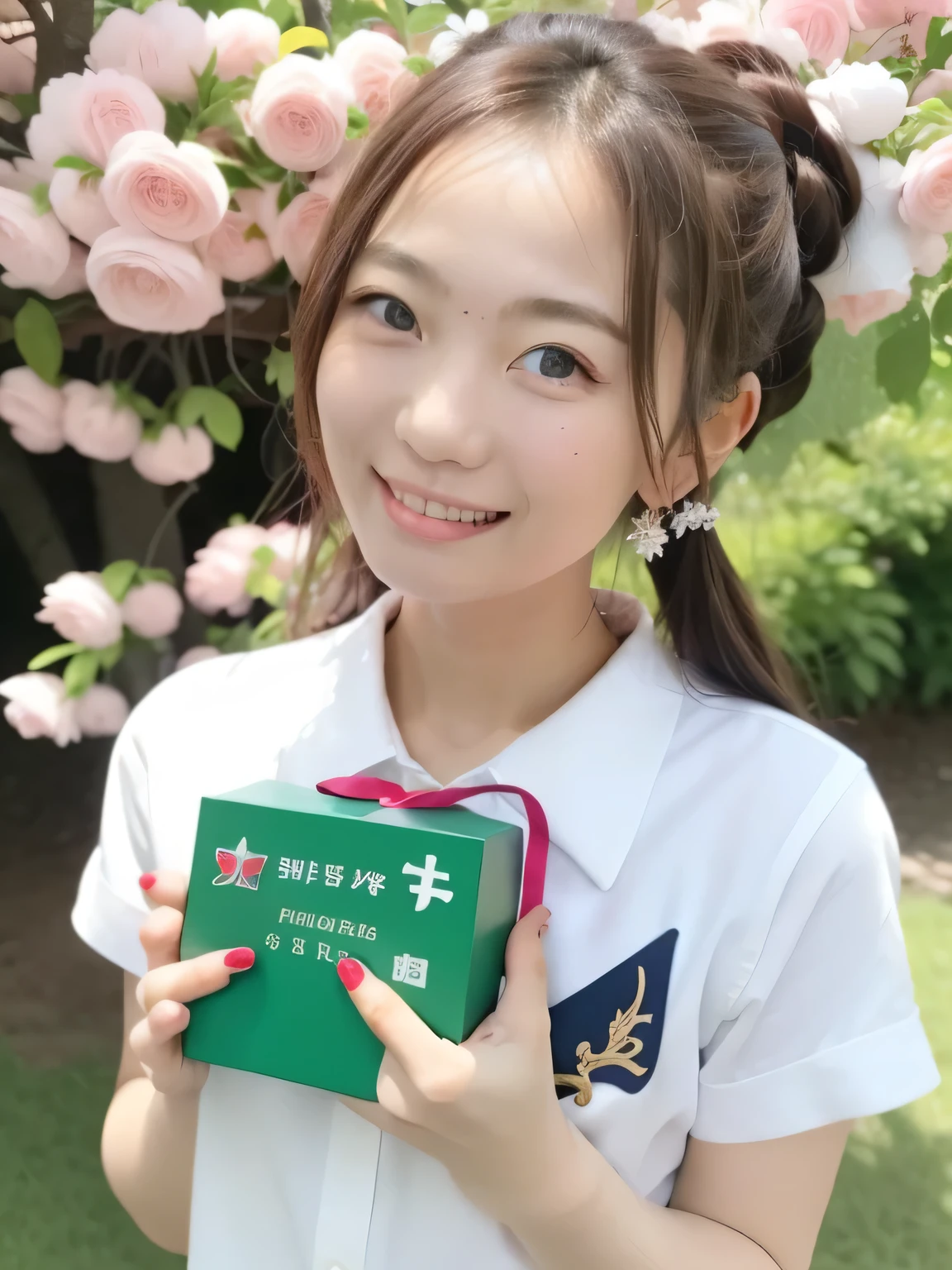 A stunningly beautiful 20-year-old woman stands in a lush green park full of cherry blossoms in full bloom under a clear blue sky. She is wearing a classic sailor uniform and holds a neatly wrapped gift box with a red ribbon in both hands in front of her chest. The box is small, wrapped in decorative paper, and tied with a bow. She looks very happy, with a radiant and joyful expression.A stunningly beautiful 20-year-old woman stands in a lush green park full of cherry blossoms in full bloom under a clear blue sky. She is wearing a classic sailor uniform and holds a neatly wrapped gift box with a red ribbon in both hands in front of her chest. The box is small, wrapped in decorative paper, and tied with a bow. She looks very happy, with a radiant and joyful expression.