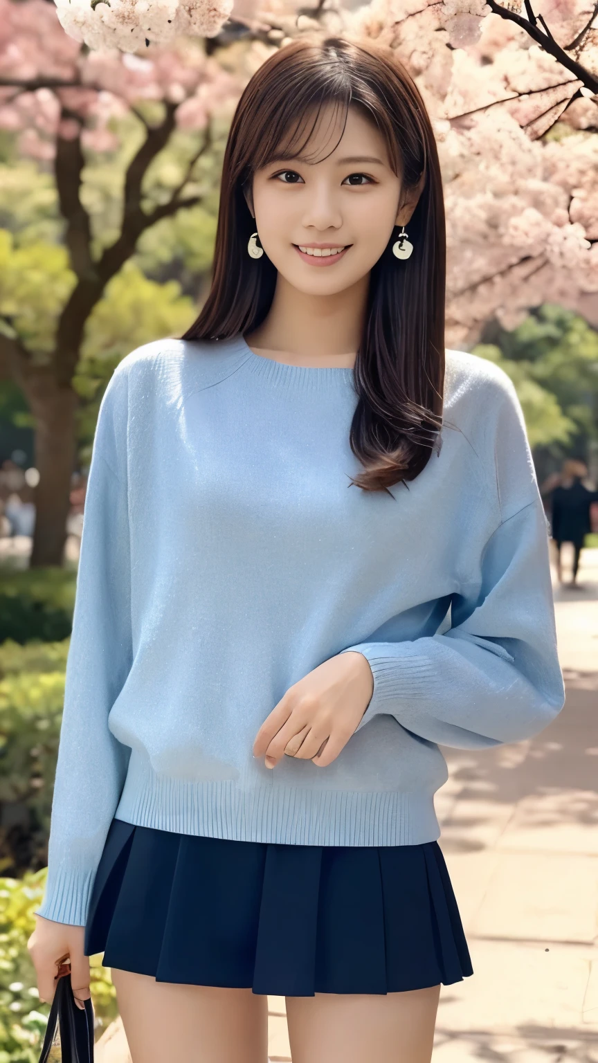 Real 8K high quality image 、 Large cherry blossom trees line up on both sides for a long time、 Cute high school girl、In a super miniskirt and a cute uniform、Model body type that is not muscular、Beautiful white ripe skin 、 apply light makeup 、 Detailed Fingers 、