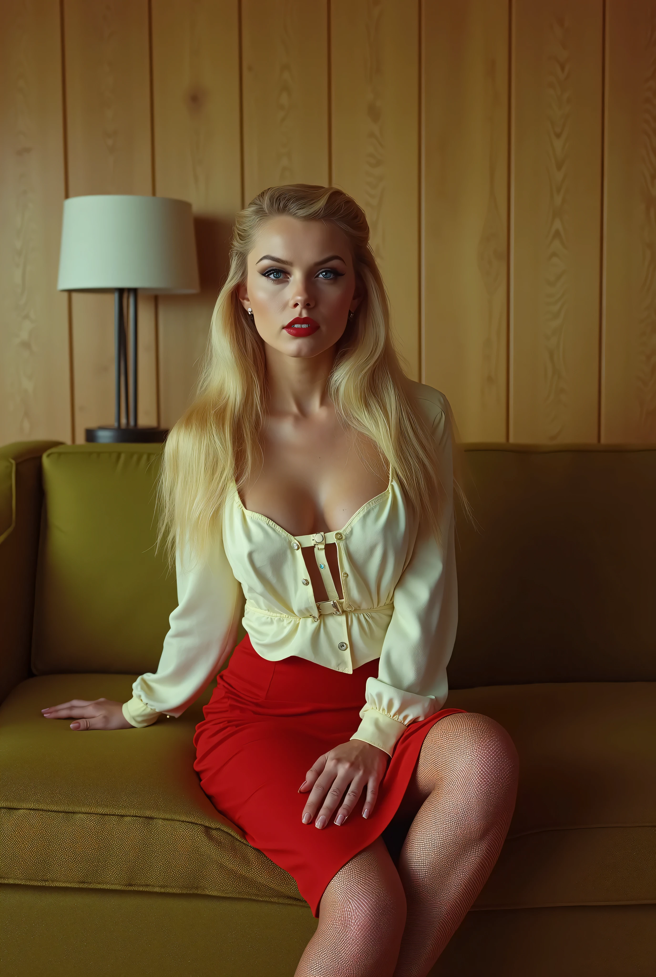 (photorealistic, high quality, masterpiece, film photo, raw) sexy woman, long blonde hair, pencil skirt, low cut blouse with shall, fishnet stockings, shot in 1950s style vintage look, midcentury modern living room, sitting on olive green couch in simple understated room with wood panel and shag carpet, midcentury modern lamp on side table, eye make-up, lots of make-up, big blue eyes, plump lips, small breasts, cleavage, subtle smile, staring intensely at viewer