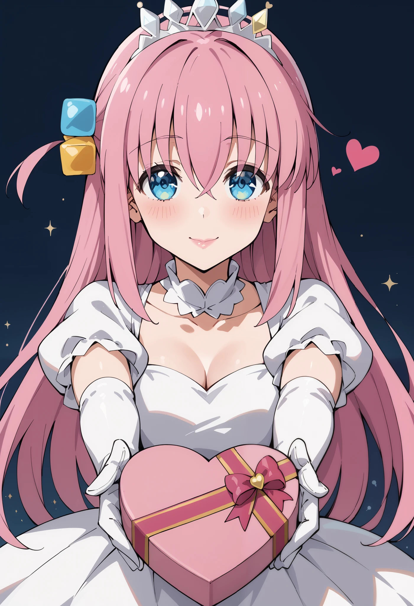 Score_9, score_8_up, score_7_up, source_anime, hitori gotou, blue eyes, cube hair ornament, hair between eyes, hair ornament, pink hair, one side up, long hair, princess, white dress, puffy sleeves, short sleeves, white elbow gloves, silver tiara, jewelry, heart-shaped box, holding, box, gift, valentine, incoming gift, outstretched arms, (best quality), (high quality), {masterpiece}, extremely delicate and beautiful, ultra-detailed, beautiful detailed eyes, blush, smile, pink lips, closed mouth