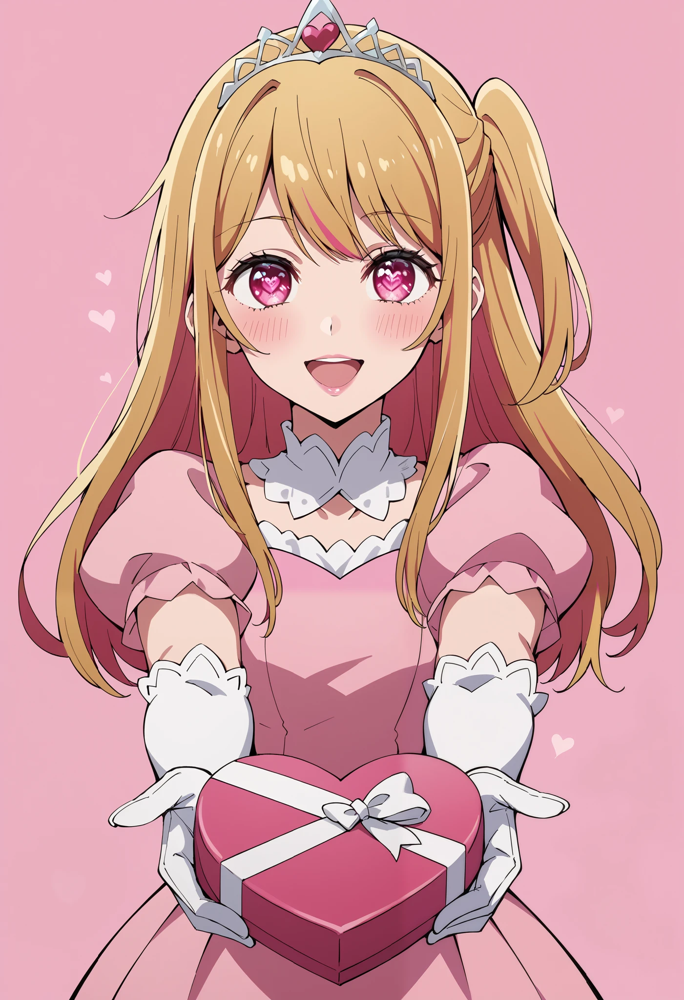 Score_9, score_8_up, score_7_up, source_anime, ruby hoshino, long hair, bangs, blonde hair, pink eyes, sidelocks, symbol-shaped pupils, multicolored hair, two-tone hair, one side up, princess, pink dress, puffy sleeves, short sleeves, white elbow gloves, silver tiara, jewelry, heart-shaped box, holding, box, gift, valentine, incoming gift, outstretched arms, pink background, heart background, (best quality), (high quality), {masterpiece}, extremely delicate and beautiful, ultra-detailed, beautiful detailed eyes, blush, smile, pink lips, open mouth