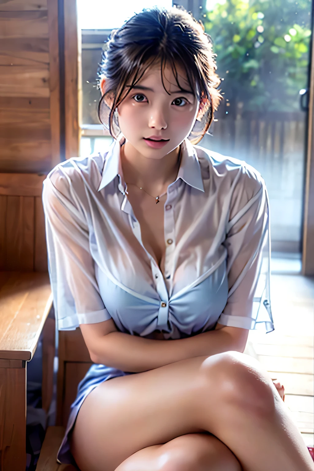 Full body photo、(((Small breasts)))、((Highest quality, 64k, masterpiece :1.3))、(((Hyperrealistic)))、looking at the camera、Very beautiful 28 year old Japanese nurse gets facial, (((White semen overflows from her mouth and drips down to her chest.)))、Licking up the overflowing semen with the tip of her tongue、Short bob hairstyle a little messy after sex、The whole body is wet with sweat、(((Bust size is B cup)))、(((The breasts are small)))、Sitting with legs wide open on the floor、((Wearing a thin Japanese style nurse uniform))、Her mouth is open, unable to withstand the sexual pleasure、 Highest quality,(RAW Photos:1.2),(masterpiece:1.4),(Realistic:1.4)、Moist eyes、Beautiful black eyes.bukkake、(((Smaller breasts)))、No makeup、A small mole under the right eye、Accurate body proportions and realistic details、