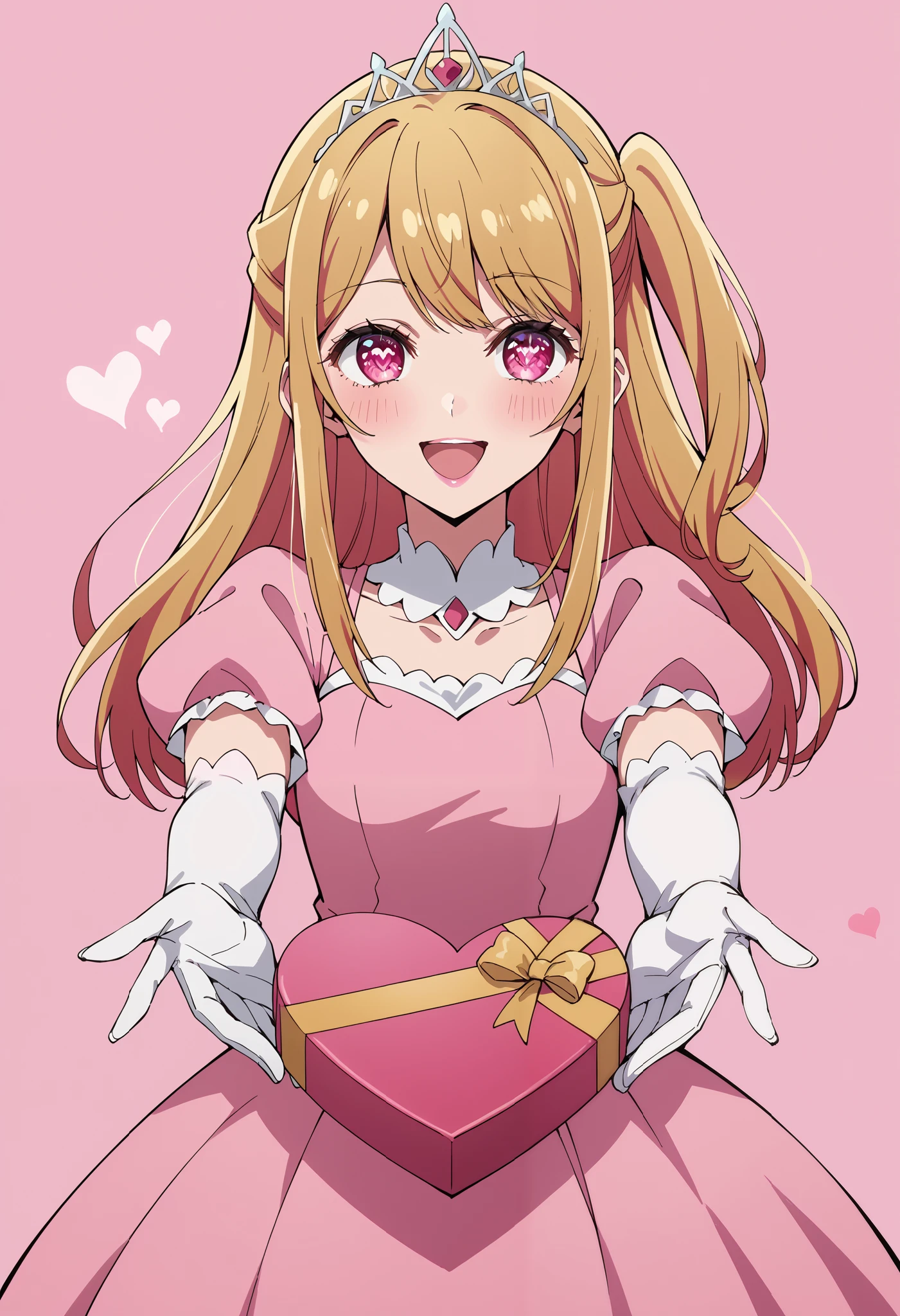 Score_9, score_8_up, score_7_up, source_anime, ruby hoshino, long hair, bangs, blonde hair, pink eyes, sidelocks, symbol-shaped pupils, multicolored hair, two-tone hair, one side up, princess, pink dress, puffy sleeves, short sleeves, white elbow gloves, silver tiara, jewelry, heart-shaped box, holding, box, gift, valentine, incoming gift, outstretched arms, pink background, heart background, (best quality), (high quality), {masterpiece}, extremely delicate and beautiful, ultra-detailed, beautiful detailed eyes, blush, smile, pink lips, open mouth