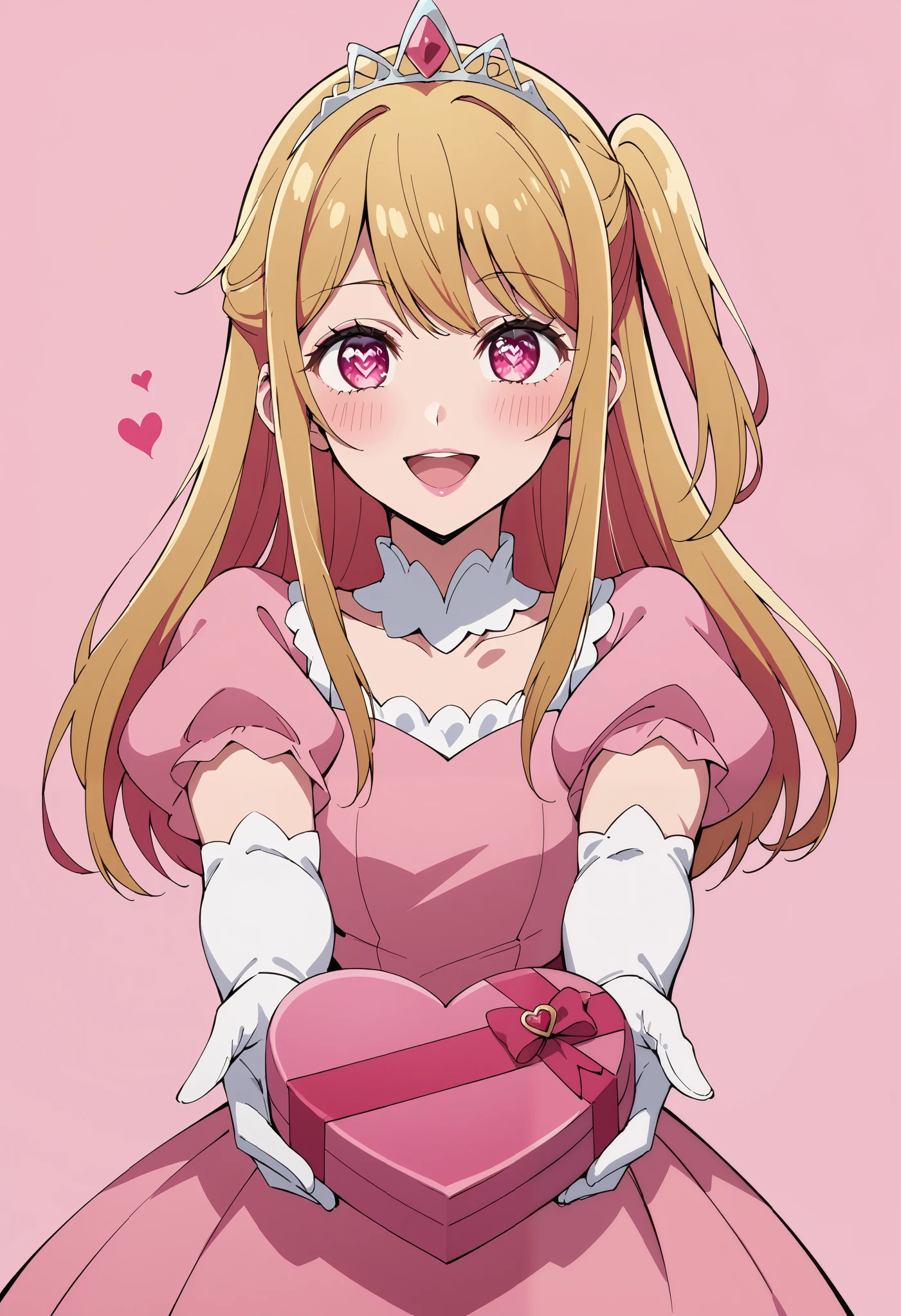 Score_9, score_8_up, score_7_up, source_anime, ruby hoshino, long hair, bangs, blonde hair, pink eyes, sidelocks, symbol-shaped pupils, multicolored hair, two-tone hair, one side up, princess, pink dress, puffy sleeves, short sleeves, white elbow gloves, silver tiara, jewelry, heart-shaped box, holding, box, gift, valentine, incoming gift, outstretched arms, pink background, heart background, (best quality), (high quality), {masterpiece}, extremely delicate and beautiful, ultra-detailed, beautiful detailed eyes, blush, smile, pink lips, open mouth