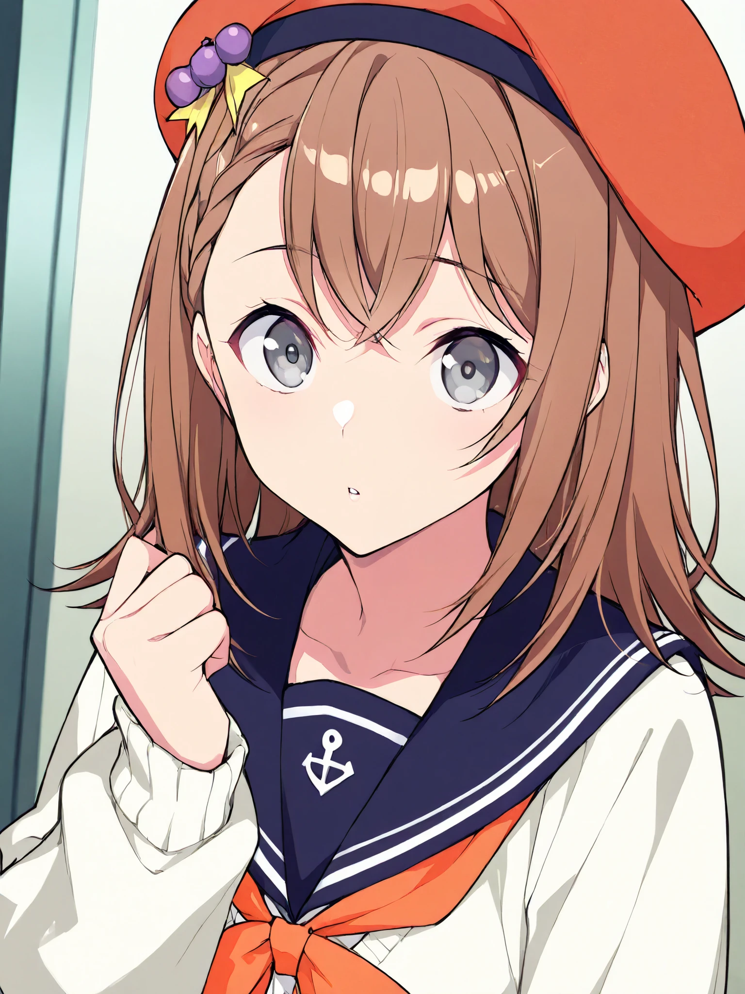 game cg hack,anime, Character Portrait,(8k, best quality, masterpiece:1.2),\(Eye details\),\(Facial features details\),(\( clothing details\)\),(1 girl),Alone,upper body,artist jima, shiny skin,MinoriDef, hanasato _Minori, medium hair,long hair,grey eyes,shiny hair effect,(/deep blue Beret)/,( white knitted long sleeve sweater:1.2),(school uniform_dark sailor suit ),(/"≡ _ ≡)=