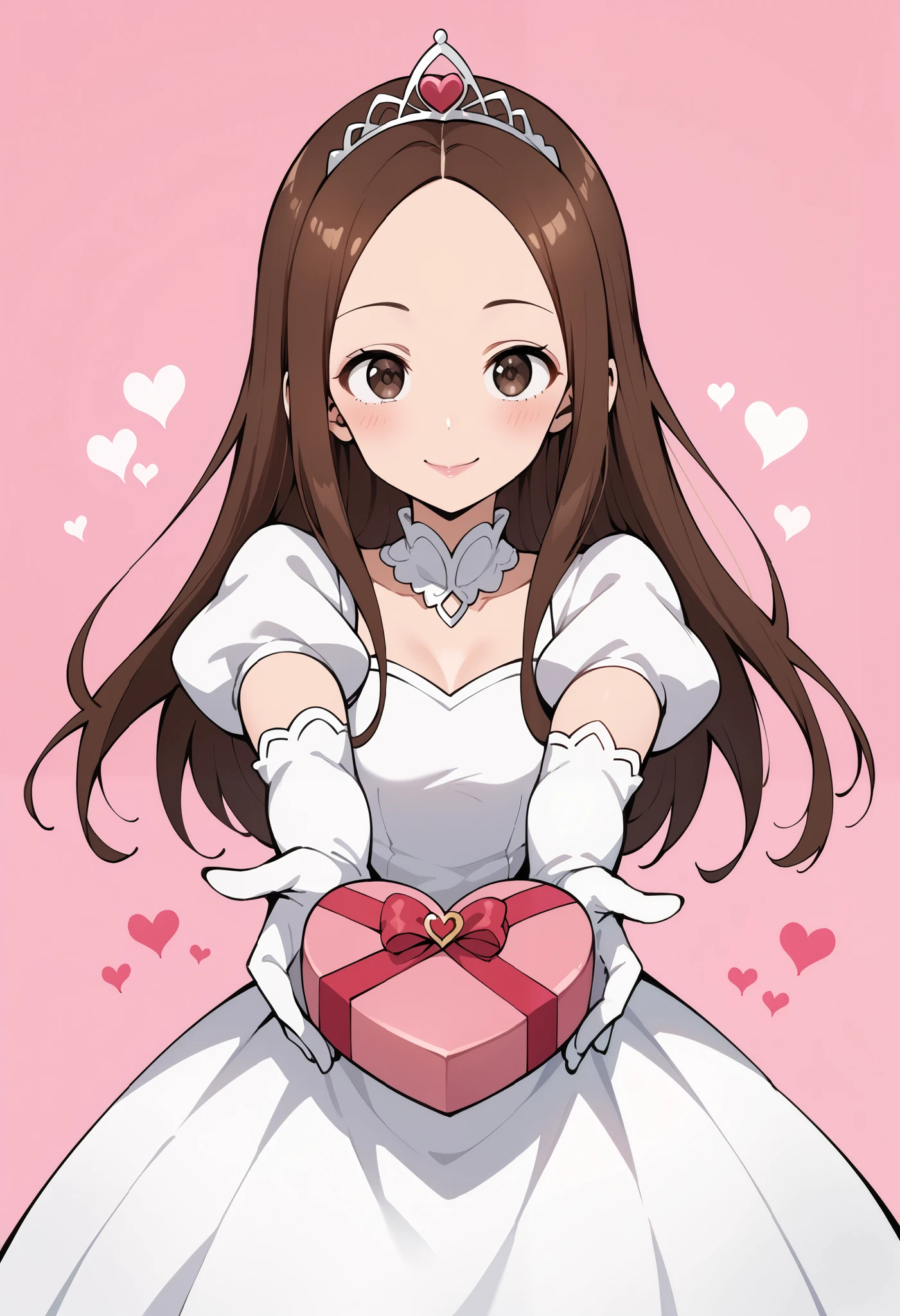 Score_9, score_8_up, score_7_up, source_anime, aatakagi, solo, long hair, brown hair, parted bangs, forehead, small breasts, princess, white dress, puffy sleeves, short sleeves, white elbow gloves, silver tiara, jewelry, heart-shaped box, holding, box, gift, valentine, incoming gift, outstretched arms, pink background, heart background, (best quality), (high quality), {masterpiece}, extremely delicate and beautiful, ultra-detailed, beautiful detailed eyes, blush, smile, pink lips, closed mouth
