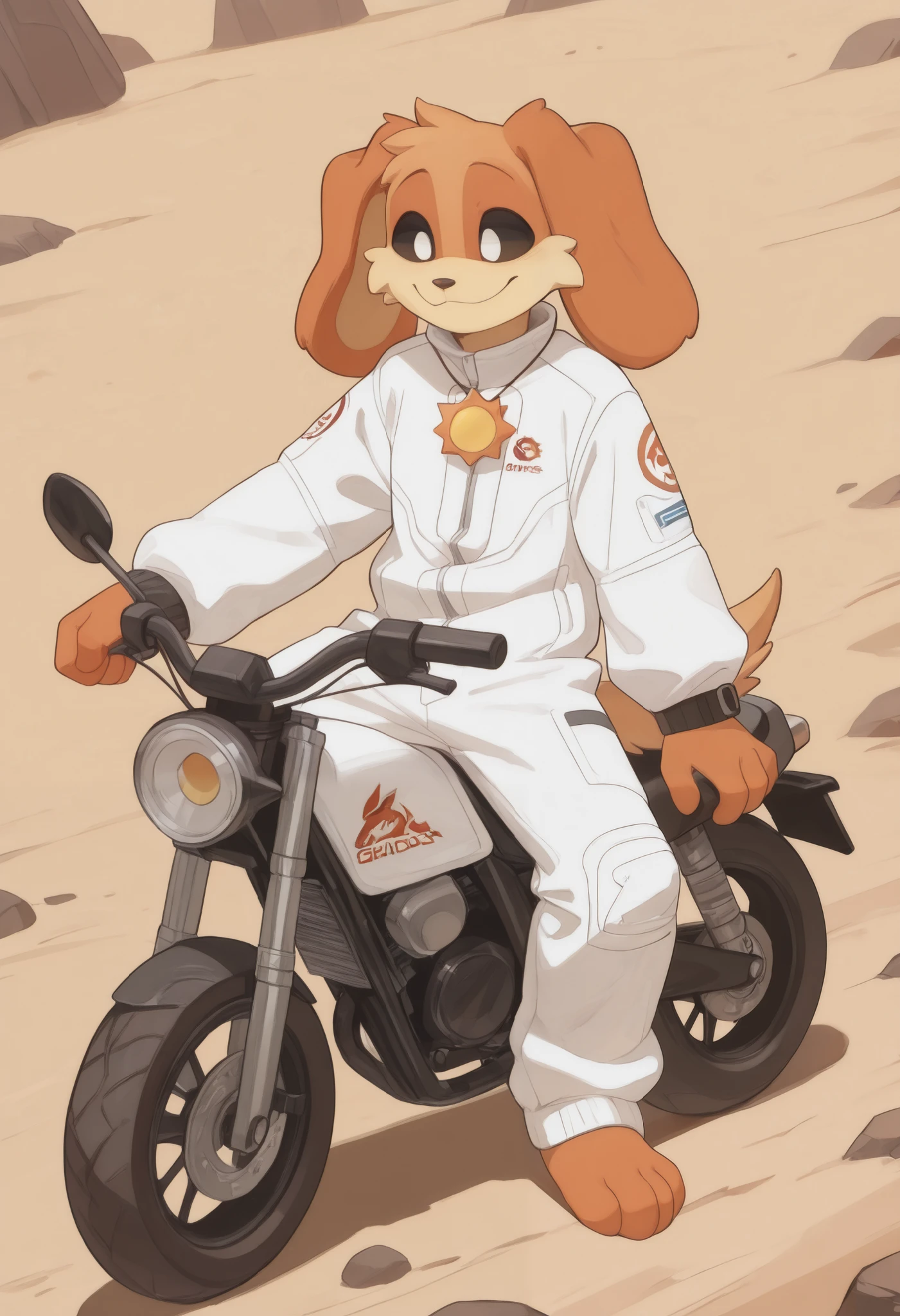 best quality, amazing quality, very aesthetic, absurdres, newest, 1boy, solo, dogday, poppy_playtime, chonky, Big boy, chonky arms, wide legs, Big body, BREAK
furry, yellow sun necklace, smile, male focus, furry male, black sclera, white eyes, purple fur, animal ears, wearing a racing suit, mcrs, dainese, alpinestars, sitting on a motorcycle dirtbike, in a dirt road in a desert.