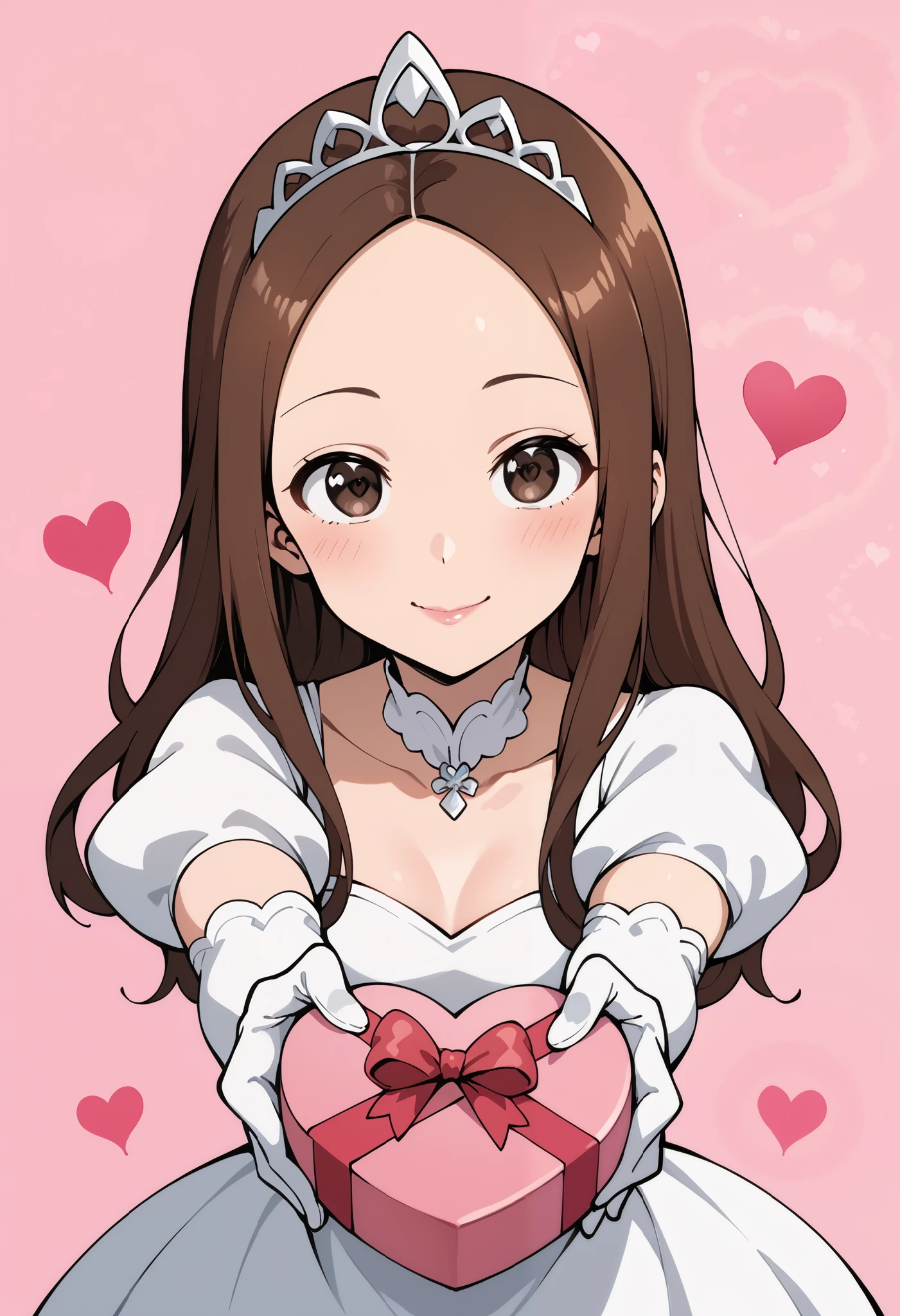Score_9, score_8_up, score_7_up, source_anime, aatakagi, solo, long hair, brown hair, parted bangs, forehead, small breasts, princess, white dress, puffy sleeves, short sleeves, white elbow gloves, silver tiara, jewelry, heart-shaped box, holding, box, gift, valentine, incoming gift, outstretched arms, pink background, heart background, (best quality), (high quality), {masterpiece}, extremely delicate and beautiful, ultra-detailed, beautiful detailed eyes, blush, smile, pink lips, closed mouth