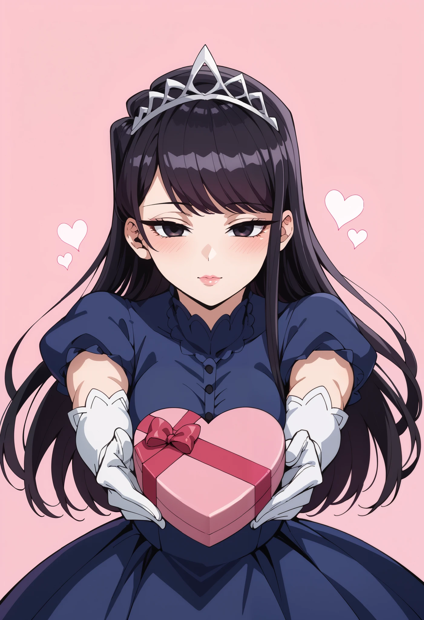 Score_9, score_8_up, score_7_up, source_anime, shouko komi, long hair, bangs, black hair, black eyes, half-closed eyes, princess, blue dress, puffy sleeves, short sleeves, white elbow gloves, silver tiara, jewelry, heart-shaped box, holding, box, gift, valentine, incoming gift, outstretched arms, pink background, heart background, (best quality), (high quality), {masterpiece}, extremely delicate and beautiful, ultra-detailed, beautiful detailed eyes, blush, no impression, pink lips, closed mouth