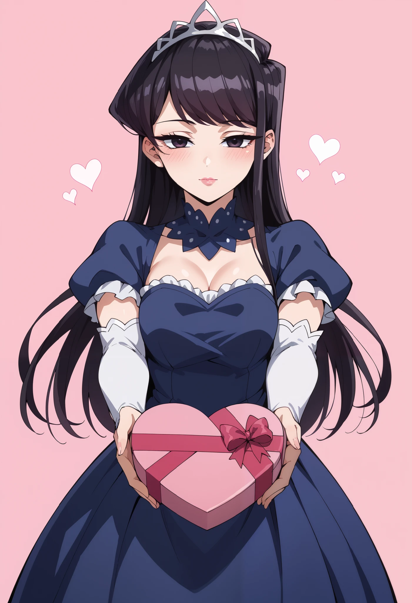 Score_9, score_8_up, score_7_up, source_anime, shouko komi, long hair, bangs, black hair, black eyes, half-closed eyes, princess, blue dress, puffy sleeves, short sleeves, white elbow gloves, silver tiara, jewelry, heart-shaped box, holding, box, gift, valentine, incoming gift, outstretched arms, pink background, heart background, (best quality), (high quality), {masterpiece}, extremely delicate and beautiful, ultra-detailed, beautiful detailed eyes, blush, no impression, pink lips, closed mouth