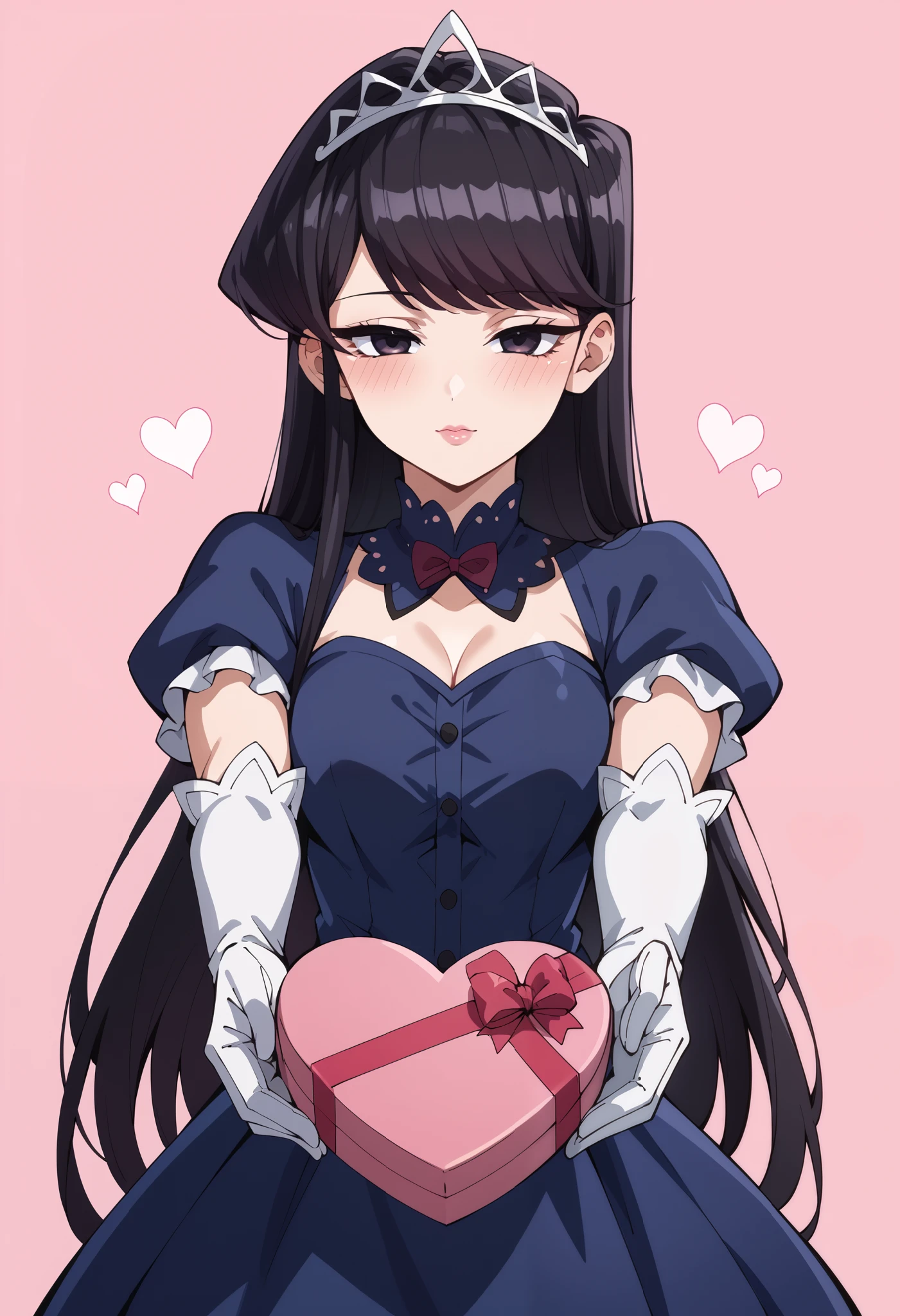 Score_9, score_8_up, score_7_up, source_anime, shouko komi, long hair, bangs, black hair, black eyes, half-closed eyes, princess, blue dress, puffy sleeves, short sleeves, white elbow gloves, silver tiara, jewelry, heart-shaped box, holding, box, gift, valentine, incoming gift, outstretched arms, pink background, heart background, (best quality), (high quality), {masterpiece}, extremely delicate and beautiful, ultra-detailed, beautiful detailed eyes, blush, no impression, pink lips, closed mouth