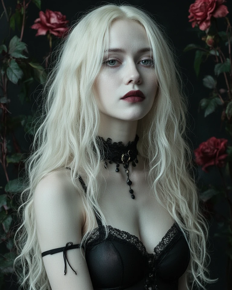 creates a beautiful and terrifying ghost woman at the same time, she also has long wavy white hair that covers her eyes so they are not visible, she wears green lipstick, she wears a necklace with a crow skull, her arms are bony, he has long fingers with claws, he wears several esoteric bracelets on his arms, his fingers are also long with claws, he wears a torn and damaged black sleeveless kimono and he also wears a crown made of bones and in the center of the crown he has an eye human on the head, he also has a large bust and wears a ring tied to his necklace, he has grayish skin
