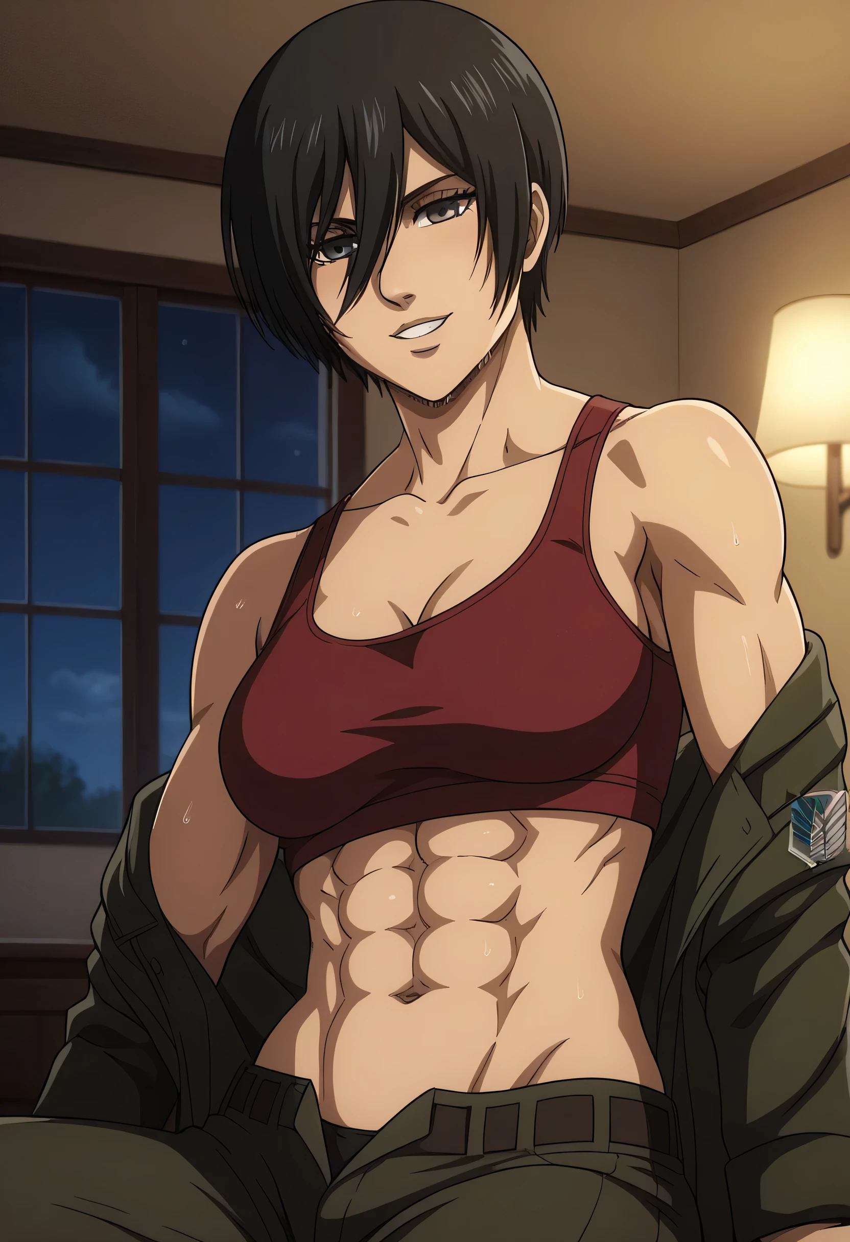 score_9, score_8_up, score_7_up, BREAK source_anime, mikasa ackrman, grey eyes, black hair, short hair, medium breasts,Mikasa wreanig red tight sport Elastic fiber bra and red loose military trousers,mikasa with good looking body,perfect lighting,mikasa final season design,mikasa mappa version,sitting on chair, Perfect generation,mikasa boy hairstyle,mikasa season 4 version,attack on titan graphics,in night,HD wallpaper,perfect matching colors,pixie cut hairstyle,fighting face,,Sweat body,mikasa flat stomach,mikasa only six-pack,normal body size,anime style,tone six-pack,attack on titan season 4 style,upper body,close review to character,bra design as tank top, mikasa handsome face,in bedroom,light trun off in room,mikasa alone in room,solo,1girl, serratus anterior muscles,Qblique muscles,female navel,teeth appear at smile,too white skin,fixing graphics,mikasa perfect face,mikasa open pants buttons indicates that she ready to have sex,wearing long sleeves green jacket