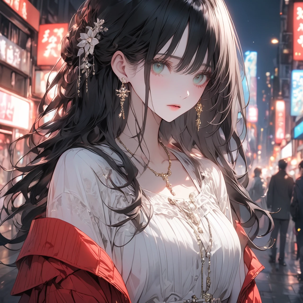 A young woman in a white dress and red jacket stands in a neon city street. With her pensive expression and cold air, she feels both anxious and strong. An atmosphere of quiet reflection and hope hangs over her. There is a strong will on her face. With soft and delicate shading, she exudes inner strength amidst uncertainty. The scene conveys a sense of inner conflict and introspection, highlighting doubts and anxieties. Highly detailedElegant and detailed, adding dramatic and symbolic elements to the scene, deep borders, bokeh, smooth textures, ultra detailed, high resolution, ultra detailed, (best quality, 16K, high resolution, masterpiece), subtle colors, vibrant colors, professional lighting, beautiful details with little projection, medium long black hair, black haired woman, pale skin, deep green eyes, elegant fashion in white dress, wearing red cardigan, wearing earphones