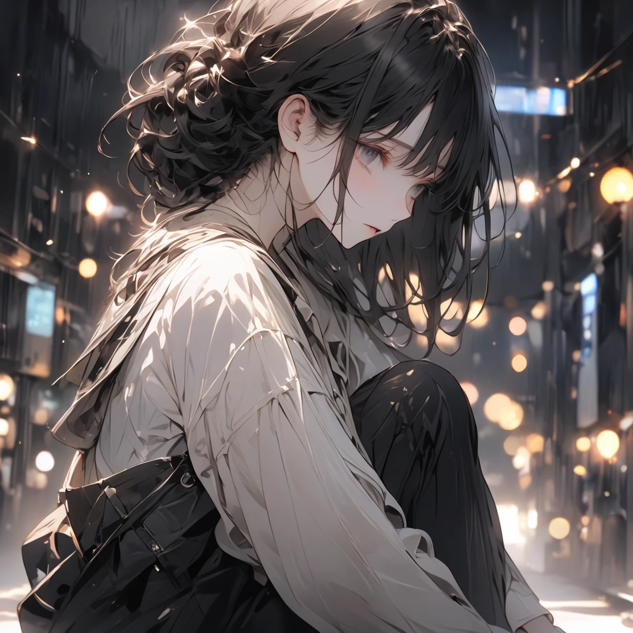 A young woman in a long shirt stands alone, holding the cold air with a pensive expression, feeling both anxiety and strength. An atmosphere of quiet reflection and hope hangs over her. There is a determined expression on her face. The soft and delicate shading gives a sense of inner strength amid uncertainty. Standing still in the hustle and bustle of a big city. Night scene. The scene conveys a sense of inner conflict and introspection, highlighting doubts and anxieties. Highly detailedElegant and detailed, adding a dramatic and symbolic element to the scene, deep borders, bokeh, smooth textures, ultra-detailed, high resolution, ultra-detailed, (best quality, 16K, high resolution, masterpiece), subtle colors, vibrant colors, professional lighting, beautiful details with little projection, short black hair, black-haired woman, pale skin, gray eyes, long shirt, rough fashion. Full body