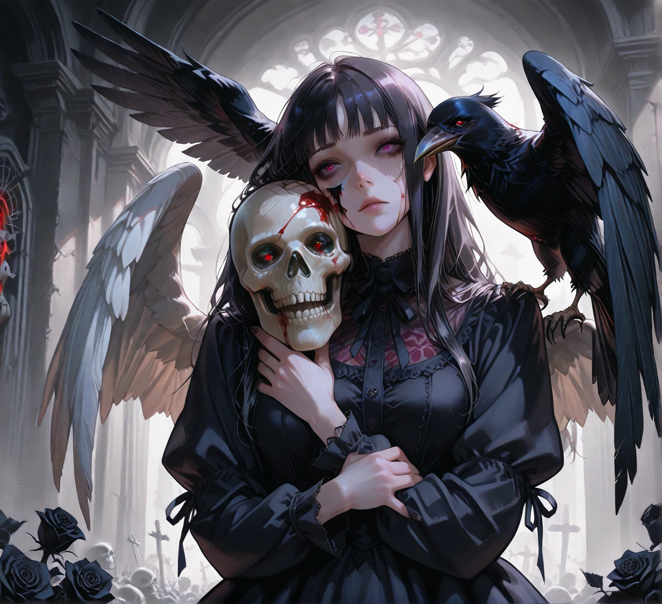{-erro_de_anatomia:1.0} The Punisher, Nightmare before Christmas style, (masterpiece, best quality), (perfect hands), (hyper-realistic:1.6), (detailed face), (award-winning), (sharp), (8k resolution), (cinematic lighting), colors: dark and gloomy, (haunting), (intense expression), (detailed skull emblem), (eerie atmosphere), (comic book vibe),(gritty), (dramatic shadows), (dynamic pose), (ominous vibe), (artistically rendered), (sinister), (captivating), (gothic), (mysterious settinoody color palette), (expertly painted), (uneasy feeling), (intricate detailing), (sinister smile), (foreboding), (captivating eyes), (horror elements), (captivating composition), (impressive anatomy),(striking contrast), (foreboding mood), (exquisite craftsmanship), (intriguing character design), (nun), classic nun wear, brown eyes,