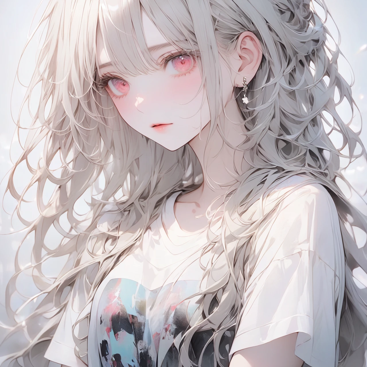 A young woman in a T-shirt stands alone, holding the cold air with a pensive expression, feeling both anxiety and strength. An atmosphere of quiet reflection and hope hangs over her. Her face has a strong will. There is soft and delicate shading, giving a sense of inner strength amid uncertainty. The scene conveys a sense of inner conflict and introspection, highlighting doubts and anxieties. Highly detailedElegant and detailed, adding a dramatic and symbolic element to the scene, deep borders, bokeh, smooth textures, ultra detailed, high resolution, ultra detailed, (best quality, 16K, high resolution, masterpiece), subtle colors, vibrant colors, professional lighting, beautiful details with little projection, long hair silver hair, silver hair woman, pale skin, red eyes, T-shirt, rough fashion