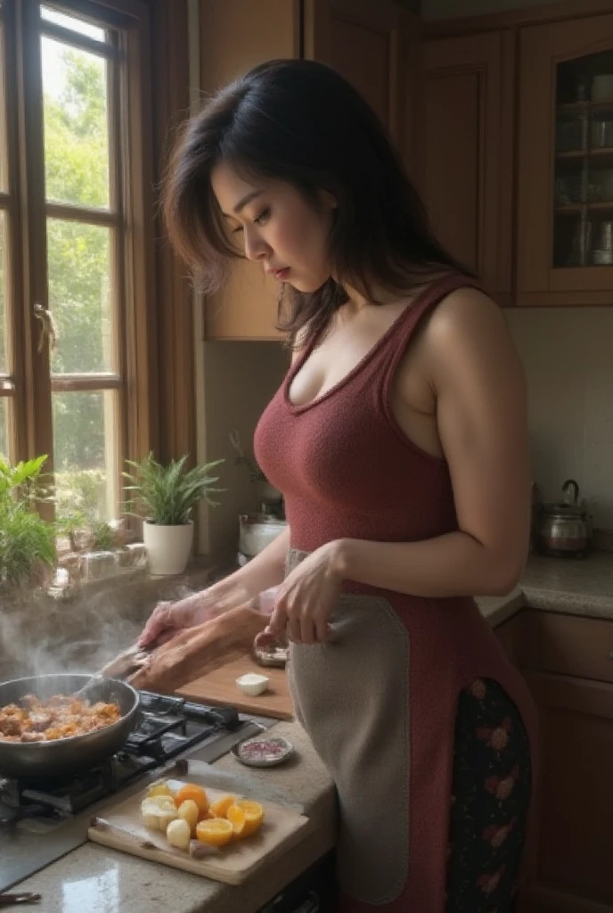 A realistic scene of an Asian maid,  55 years old, black hair, curvy body, cooking breakfast. She is focused cooking. 