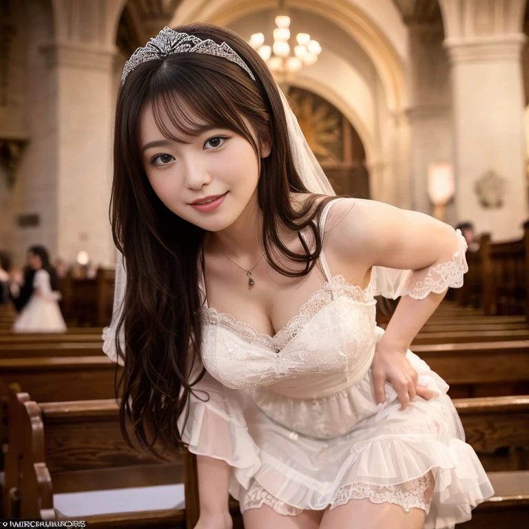 Best quality, masterpiece, ultra-high resolution, 8K, (reality: 1.4), RAW shooting, most detailed face, very detailed and perfect anatomy, live photography; most beautiful face; shining skin; one 18-year-old Japanese.My bangs and eyes are big and cute.It has brown eyes, gentle eyes, long brown hair, a young face, and a large chest.E-cup. Look at the audience. The best smile.
shows the valley in the chest.
Cosplay, pink party dress, wedding attendance, church,