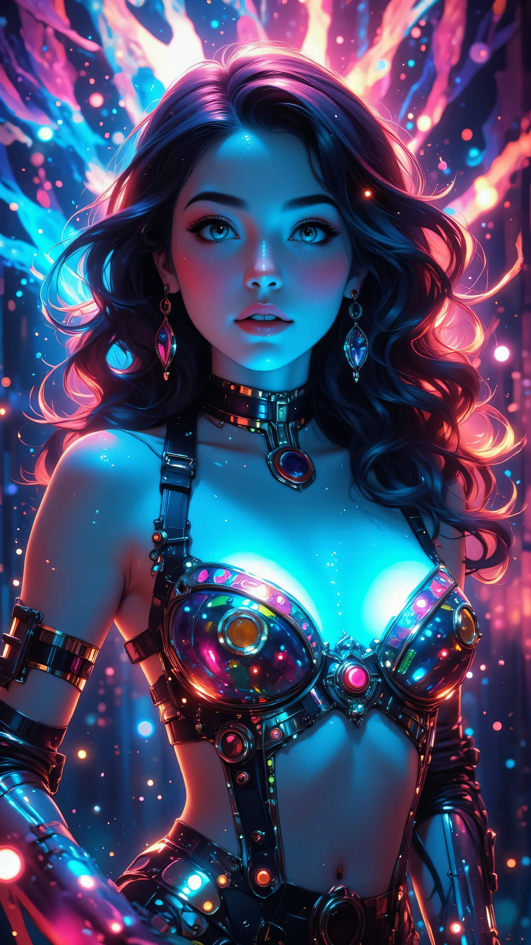 Masterpiece, Top Quality, Futuristic female figure, vibrant multicolored hair, glowing blue skin, colorful gemstone bra, cyberpunk aesthetic, intense background light burst, swirling energy patterns, neon colors, hyper-detailed, digital art, 3D render, fantasy sci-fi style, ethereal lighting, sharp focus, ultra high-definition, cinematic composition, magical aura, surreal atmosphere, intricate details, iridescent textures, cosmic vibes, dreamlike quality, vivid contrasts, dynamic pose, mesmerizing gaze